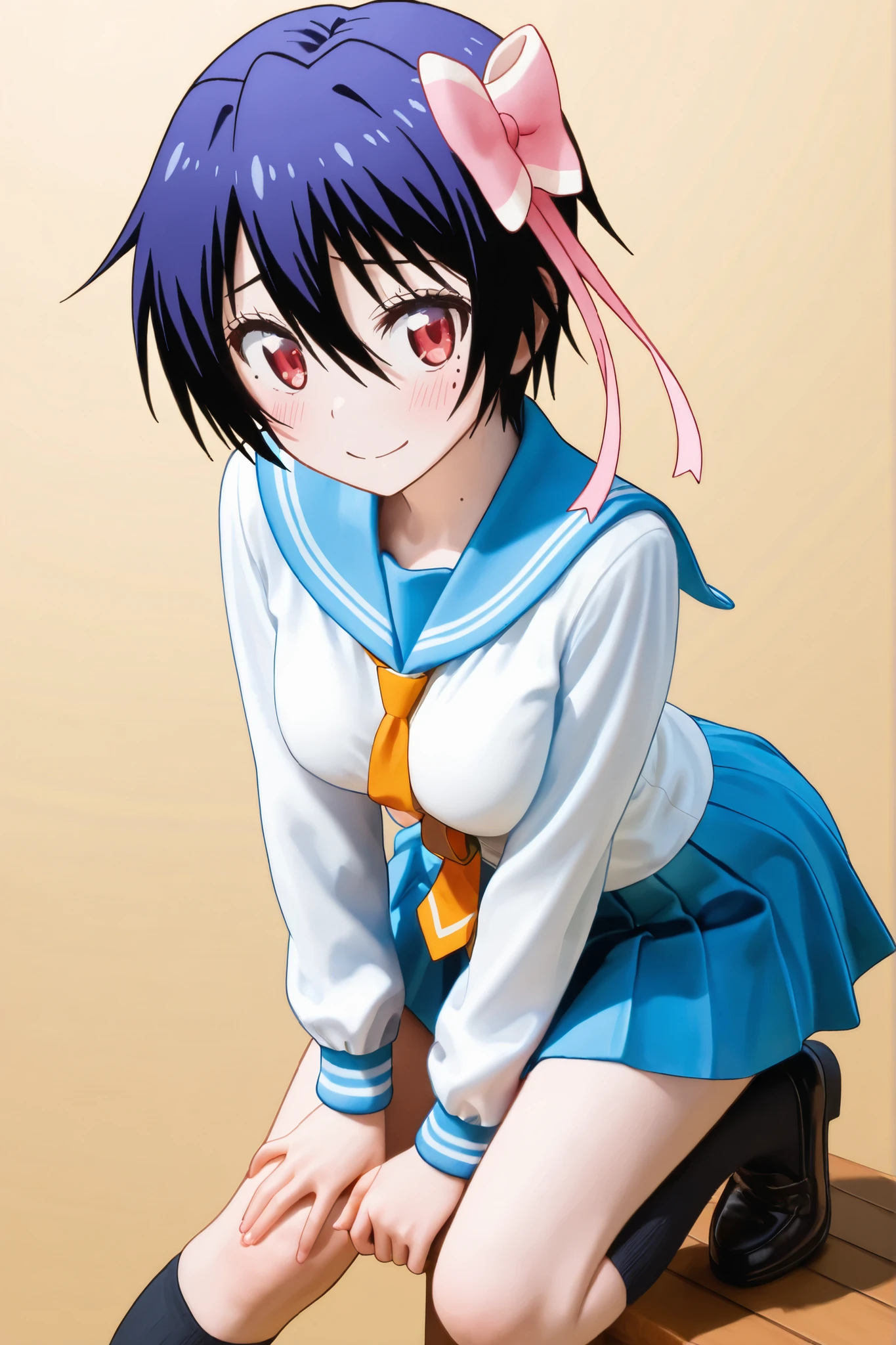 NSFW, Masterpiece, top quality, Hi-Res, very detailed,Seishirou Tsugumi\(Nisekoi\)、 short hair、 red eyes、ribbon、 Lantern、ヘアribbon、 mole、目の下の mole、青いribbon, skirt by humili、 shirt、 knee socks、uniform、clavicle、白い shirt、プリーツ skirt by humili、 tie、 sailor suit、 sailor collar、赤いribbon、青い skirt by humili、青い sailor collar