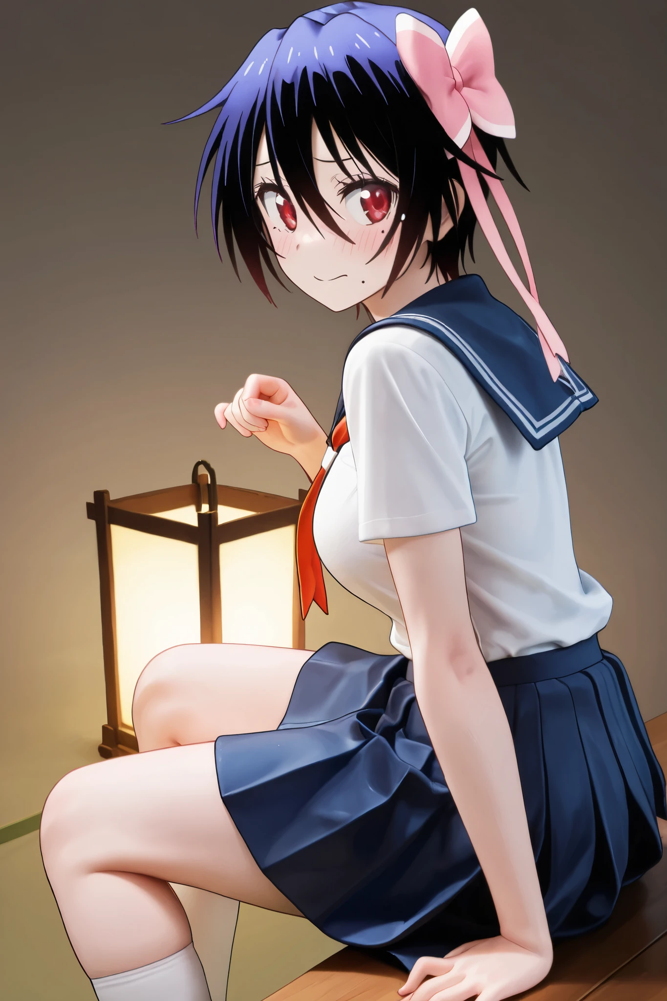 NSFW, Masterpiece, top quality, Hi-Res, very detailed,Seishirou Tsugumi\(Nisekoi\)、 short hair、 red eyes、ribbon、 Lantern、ヘアribbon、 mole、目の下の mole、青いribbon, skirt by humili、 shirt、 knee socks、uniform、clavicle、白い shirt、プリーツ skirt by humili、 tie、 sailor suit、 sailor collar、赤いribbon、青い skirt by humili、青い sailor collar