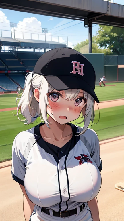 mastute piece,Best Quality,insanely detailed,8k cg,nsfw,
(shoot upper body:1.3),
(1girls:1.3),standing,looking at viewr,body in front,both arms behind back,(baseball uniform:1.3,baseballcap),(bare breasts:1.1),(bare nipples:1.1),
break,
blush,shy,(ecstasy face),(trembling:1.2),break,(light white hair:1.2),
break,
perfect breasts,perfect teats,(open mouth:0.9),(large breasts:1.2),
(stadium),