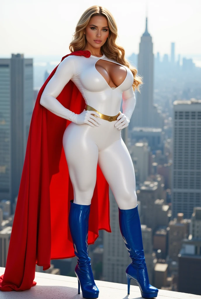 Depict a blonde, large breasts, superheroine in a white costume with a red cape and gold belt, standing before a majestic statue and cloudy sky. Ultra realistic photo, vibrant colors, 16k