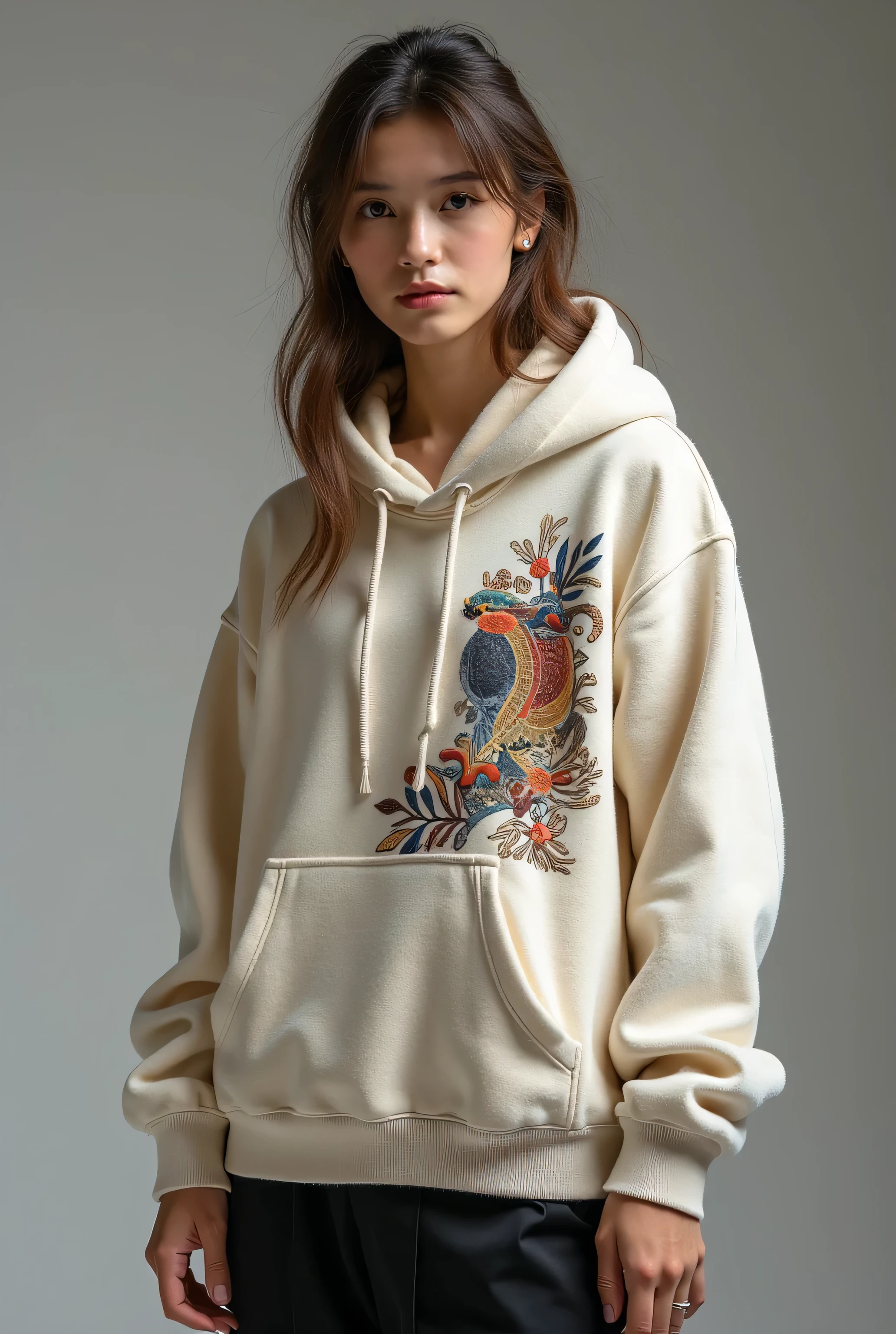 ((masterpiece)),(((Highest quality))),((Character design sheet)), Thin thighs,Long legs,18 year old Japanese girl, Cute type,The best smile:1.5、white long hoodie:1.5, Black panties peek:1.5,Short cut side wave ,