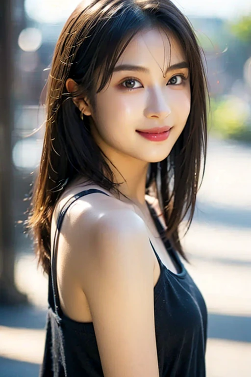 highest quality, masterpiece, Ultra-high resolution, (photo Realistic:1.4), (Depth of written boundary), Realistic, professional Lighting, Physically Based Rendering,
1 Japanese girl, (Satisfied smile:1.2), Cinematic Light,Detailed ink splashes, Only the upper body and head can be seen, Looking at the audience, Focus on the eyes, squat, Incredibly detailed, Narrow waist, 19 years old, Disheveled long hair, Reverse hair, Asymmetrical bangs, Light brown hair, Hair blowing in the wind, So beautiful, Happy, Very fine grain, Delicate arms and hands, Cleavage cutout, Perfect and delicate limbs, Detailed eye of beauty, Real skin texture, (Black camisole), Too much exposure, Detailed painted fabric, Blurred Background, indoor, bed, Lighting,
