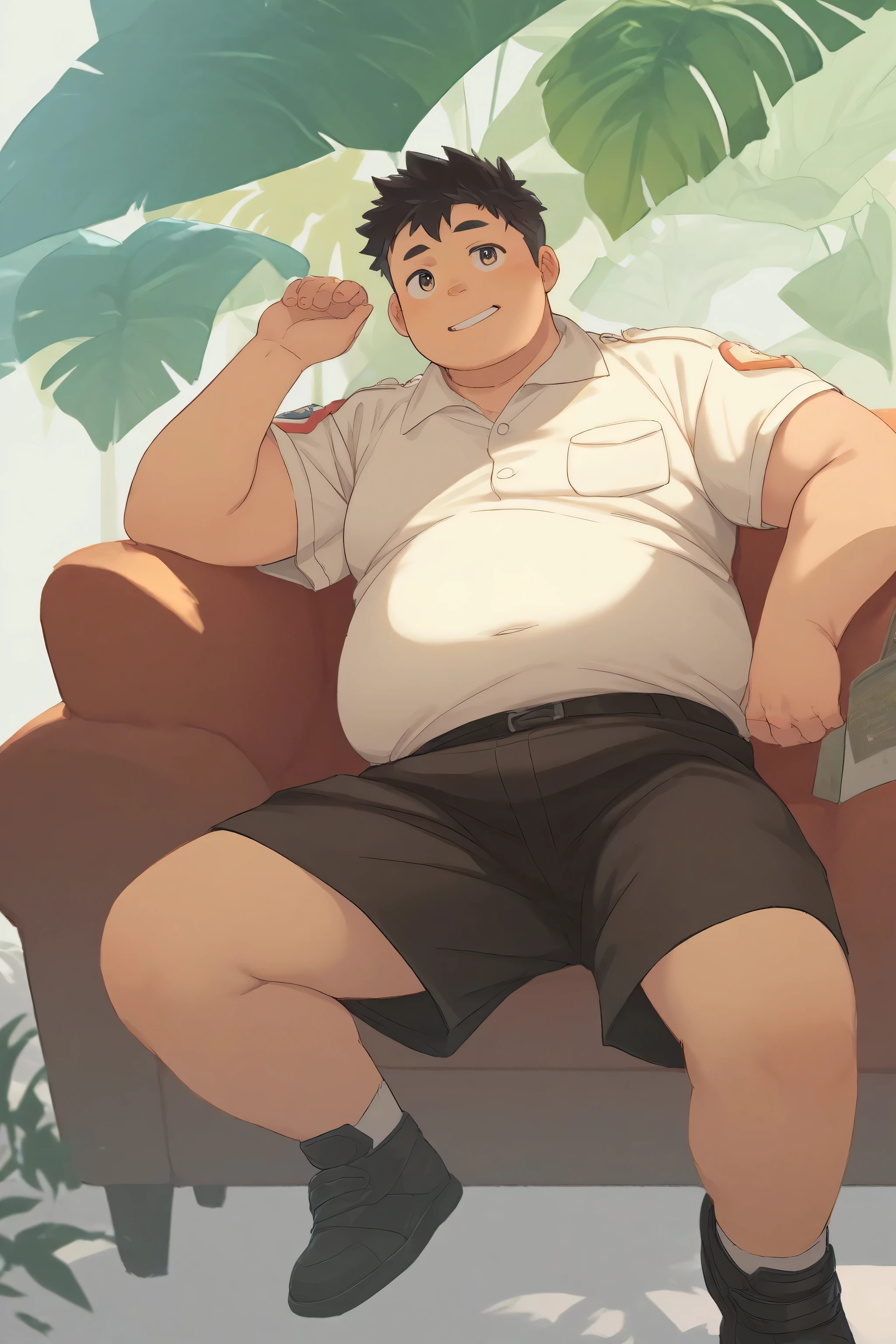 Anime style, A boy, Middle aged man , arita haruyuki, postman's uniform, auricular, exposed plump belly button , leaning on a sofa, Looking at nothing lazily