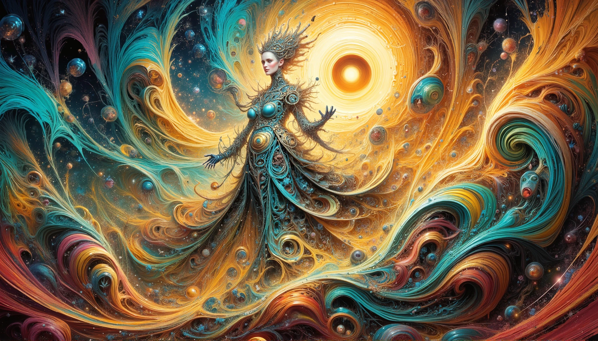 A serene, yet captivating digital artwork, blending the paradoxical harmony of chaos and order, reminiscent of the surrealist masterpieces of Salvador Dali, H.R. Giger, and Zdzisław Beksiński. A luminous, otherworldly female figure, draped in a flowing, diaphanous gown with an intricate, gold and teal pattern, adorned with mesmerizing zentangle doodles, stands poised at the center, radiating an aura of balance amidst the turmoil. Her delicate form is bathed in a soft, ethereal glow, as if illuminated by the gentle light of a thousand celestial bodies. The backdrop features a breathtaking, swirling vortex, evoking the melting, dreamlike quality of oil on canvas, with bold, vibrant brushstrokes and a predominantly matte finish, inviting the viewer to step into the realm of the surreal.
