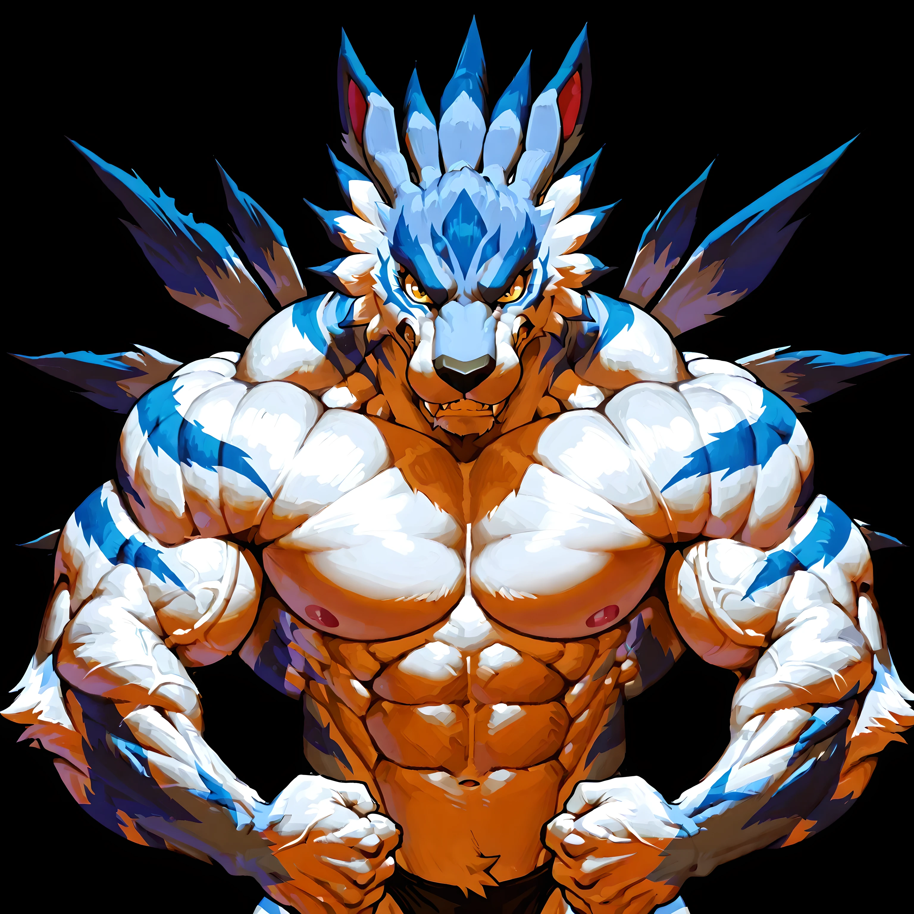 4k ultra quality, 4k, masterpiece quality, garurumon, big garurumon, wrestling theme, bulging arms, bulging muscles, stern, angry, anthro, muscular, male, solo, L4t_sprd, looking at viewer, (half body, half fiew)