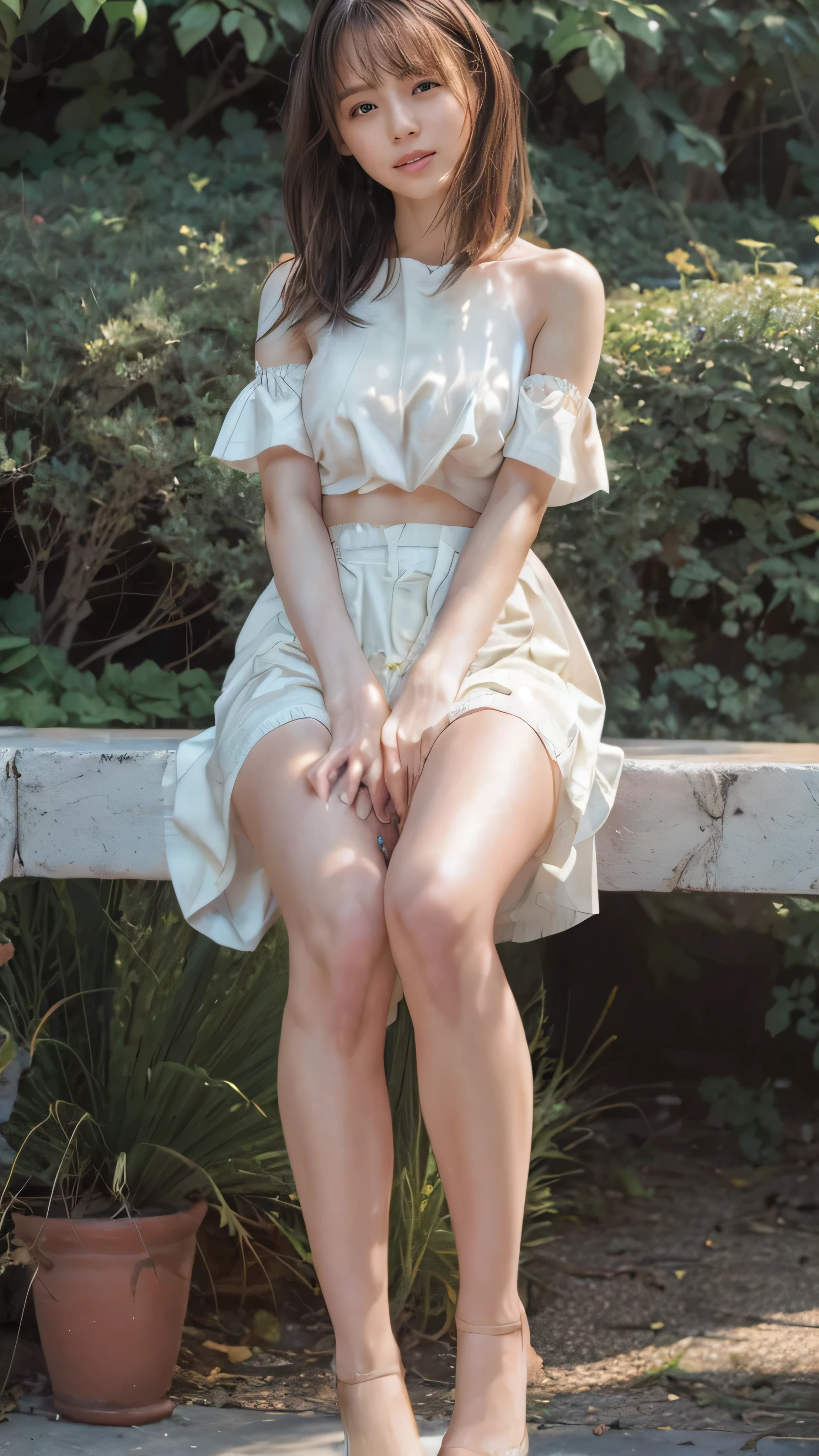 Open shirt, (((Leaning forward))), ((,Round face, Around 17 years old,mini skirt、loose tank top)), Long Hair, , Natural Makeup, Lips become thicker, Sexy Gaze, barefoot, ((Raise one leg)), Shooting from below,Gentle expression ,((Extremely precise and accurate anatomy)), (masterpiece:1.43), Perfect proportions, Realistic photos, Full Shot, whole body, (height: 165cm),
