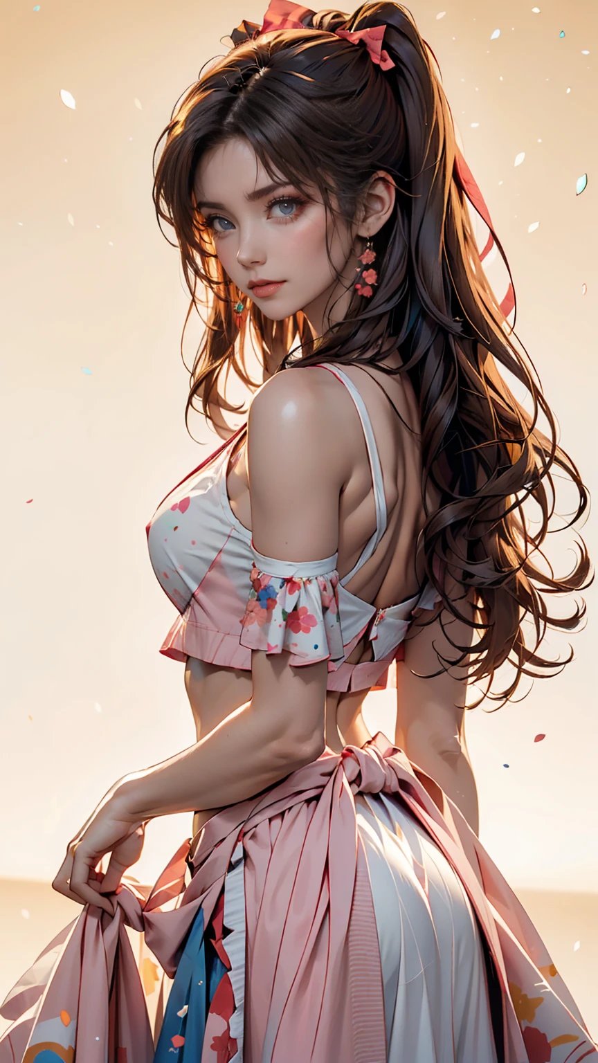 masterpiece, Highest quality, software, colorful, One girl, alone, Hakurei Reimu, Brown Hair, Brown eyes, Long Hair, Hair Tube, Small breasts, Abstract background, Blue background, Pink Background, Yellow background, Polka dot background, (Halftone)、24-year-old woman、Sexy proportionature female body、Sexy proportionakeup、hair band((hair ribbon))、Textured skin((textured skin))、smile、Narrow waist