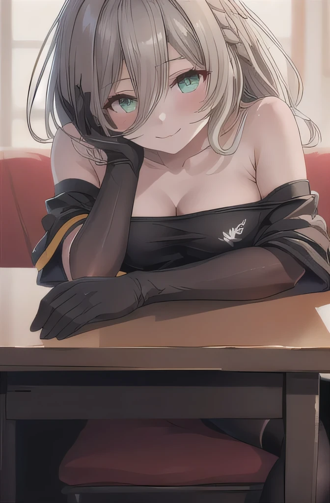 nai3 style, blurry background, 1girl, solo, off-shoulder, gloves, long hair, hair between eyes, jitome, looking at viewer, seductive smile, head rest, desk, bestquality, Score_9, Score_8_up, Score_7_up, Score_6_up, Score_5_up, Score_4_up, sauce_anime, tag1, Tag 2, 最high quality, detailed, High resolution, 超High resolution, Soft Saturation, Professional Quality, Perfect contrast, Perfect lighting, Perfect Face, Perfect Face, perfect hair, Perfect Eyes, Perfect body, Perfect breasts, Perfect Arms, Perfect Skin, Beautiful Skin, Sensual woman, Shybreak POV, Above-the-knee stockings, Elbow-length satin gloves, close-up, masterpiece, high quality, 8k, Anatomically correct,condom belt