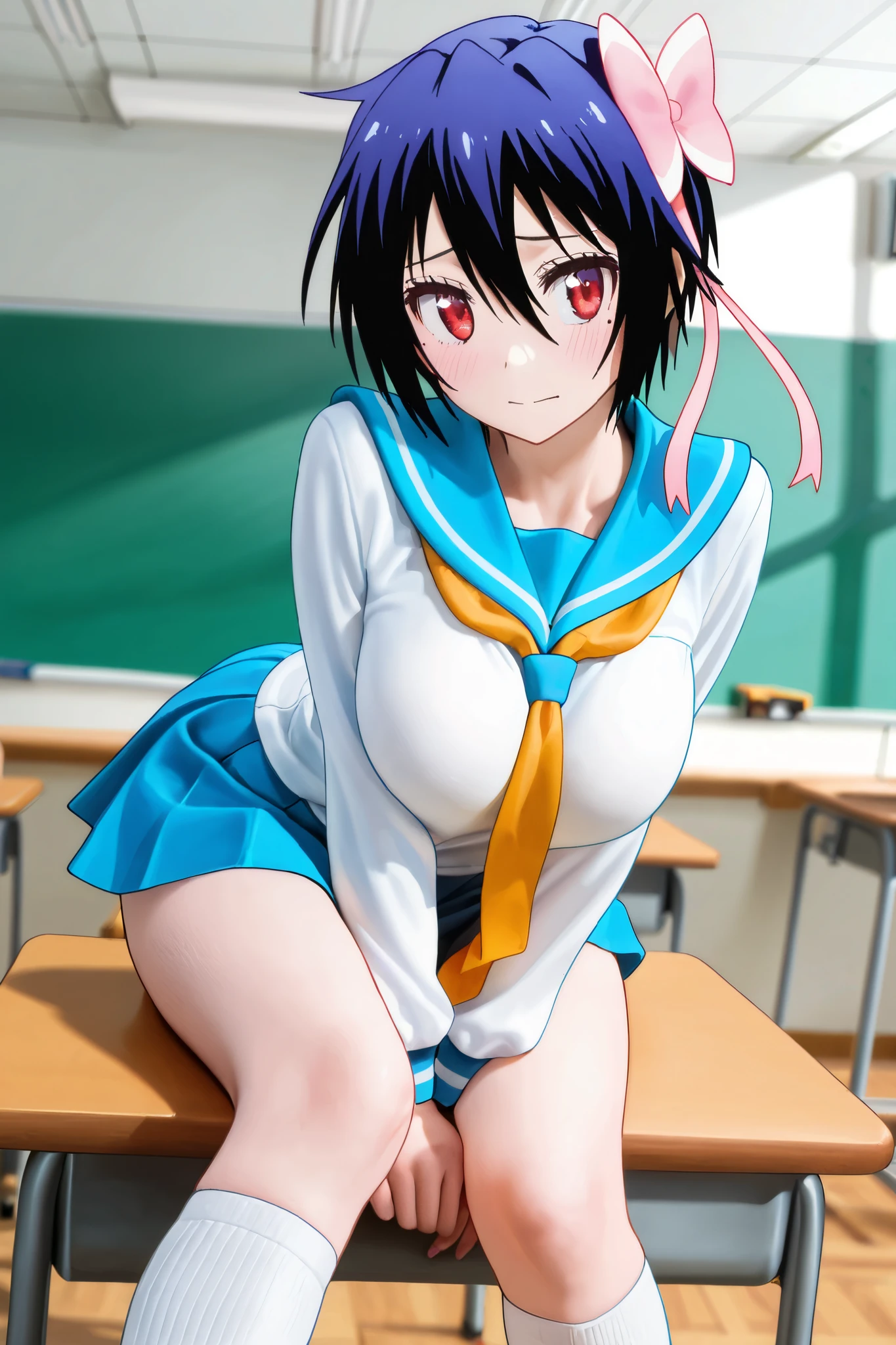 （ichigoaya, 独奏, , serafuku, black sailor collar, red neckerchief, black skirt）３d、Three-dimensional、High resolution, Ichigoya,Full nudity、girl、cute 、Thick pubic hair、Nipples、Thighs、Eyes of Love、Sweaty、Sweat in the crotch area、Young Face、beautiful, 写真のようにGenuineな画像、In detail、High resolution、masterpiece、4K,8K.Genuine、Ultra-clear、Wearing navy blue knee-high socks、classroom、Desk and chair in the background