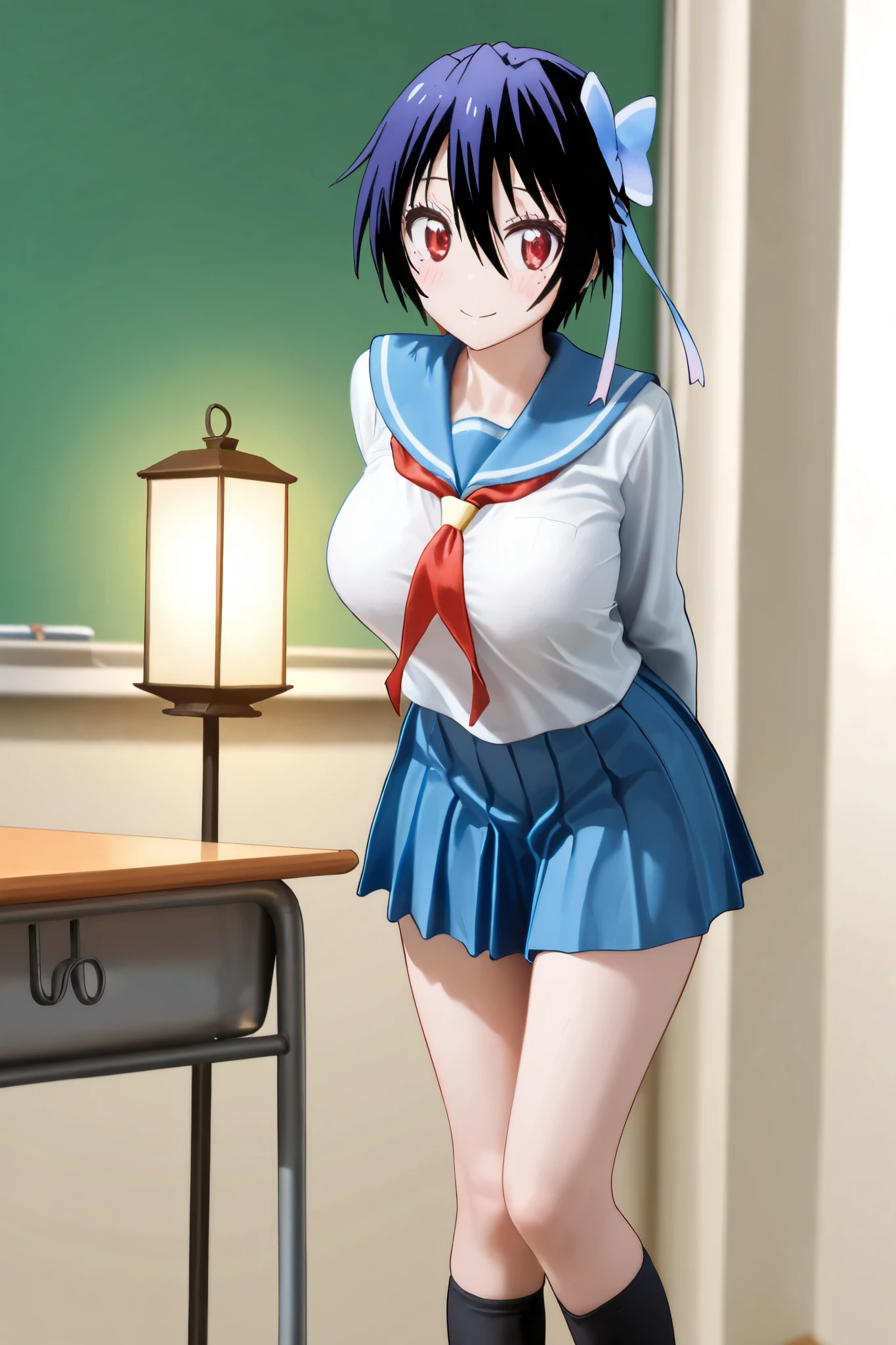 NSFW, Masterpiece, top quality, Hi-Res, very detailed,Seishirou Tsugumi\(Nisekoi\)、 short hair、 red eyes、ribbon、 Lantern、ヘアribbon、 mole、目の下の mole、青いribbon, skirt by humili、 shirt、 knee socks、uniform、clavicle、白い shirt、プリーツ skirt by humili、 tie、 sailor suit、 sailor collar、赤いribbon、青い skirt by humili、青い sailor collar,School,classroom