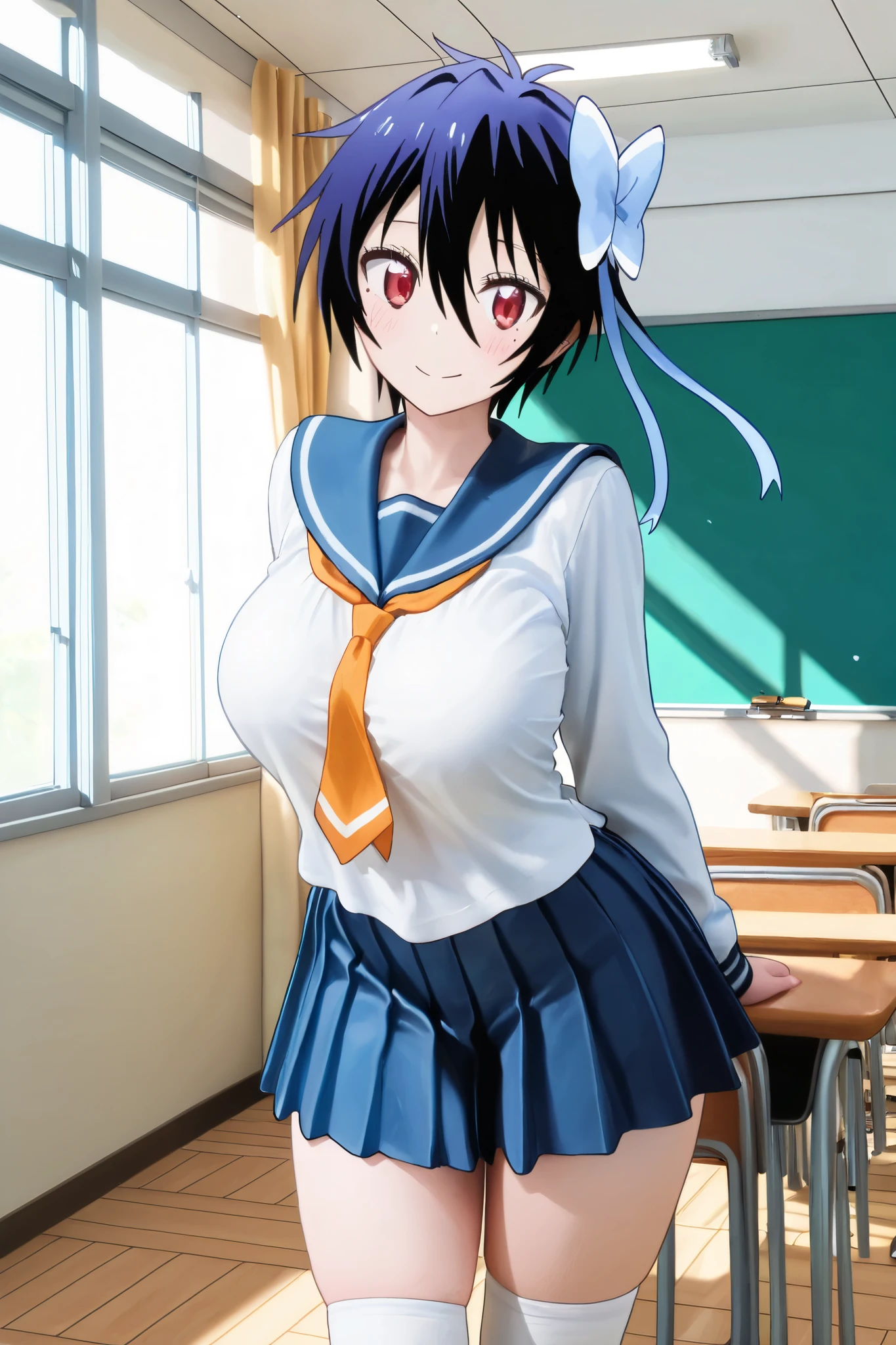 NSFW, Masterpiece, top quality, Hi-Res, very detailed,Seishirou Tsugumi\(Nisekoi\)、 short hair、 red eyes、ribbon、 Lantern、ヘアribbon、 mole、目の下の mole、青いribbon, skirt by humili、 shirt、 knee socks、uniform、clavicle、白い shirt、プリーツ skirt by humili、 tie、 sailor suit、 sailor collar、赤いribbon、青い skirt by humili、青い sailor collar,School,classroom