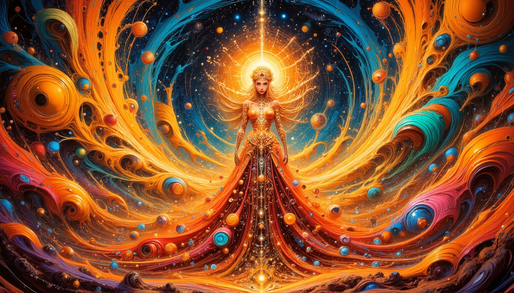 A serene, yet captivating digital artwork, blending the paradoxical harmony of chaos and order, reminiscent of the surrealist masterpieces of Salvador Dali, H.R. Giger, and Zdzisław Beksiński. A luminous, otherworldly female figure, draped in a flowing, diaphanous gown with an intricate, gold and crimson pattern, adorned with mesmerizing zentangle doodles, stands poised at the center, radiating an aura of balance amidst the turmoil. Her delicate form is bathed in a soft, ethereal glow, as if illuminated by the gentle light of a thousand celestial bodies. The backdrop features a breathtaking, swirling vortex, evoking the melting, dreamlike quality of oil on canvas, with bold, vibrant brushstrokes and a predominantly matte finish, inviting the viewer to step into the realm of the surreal.