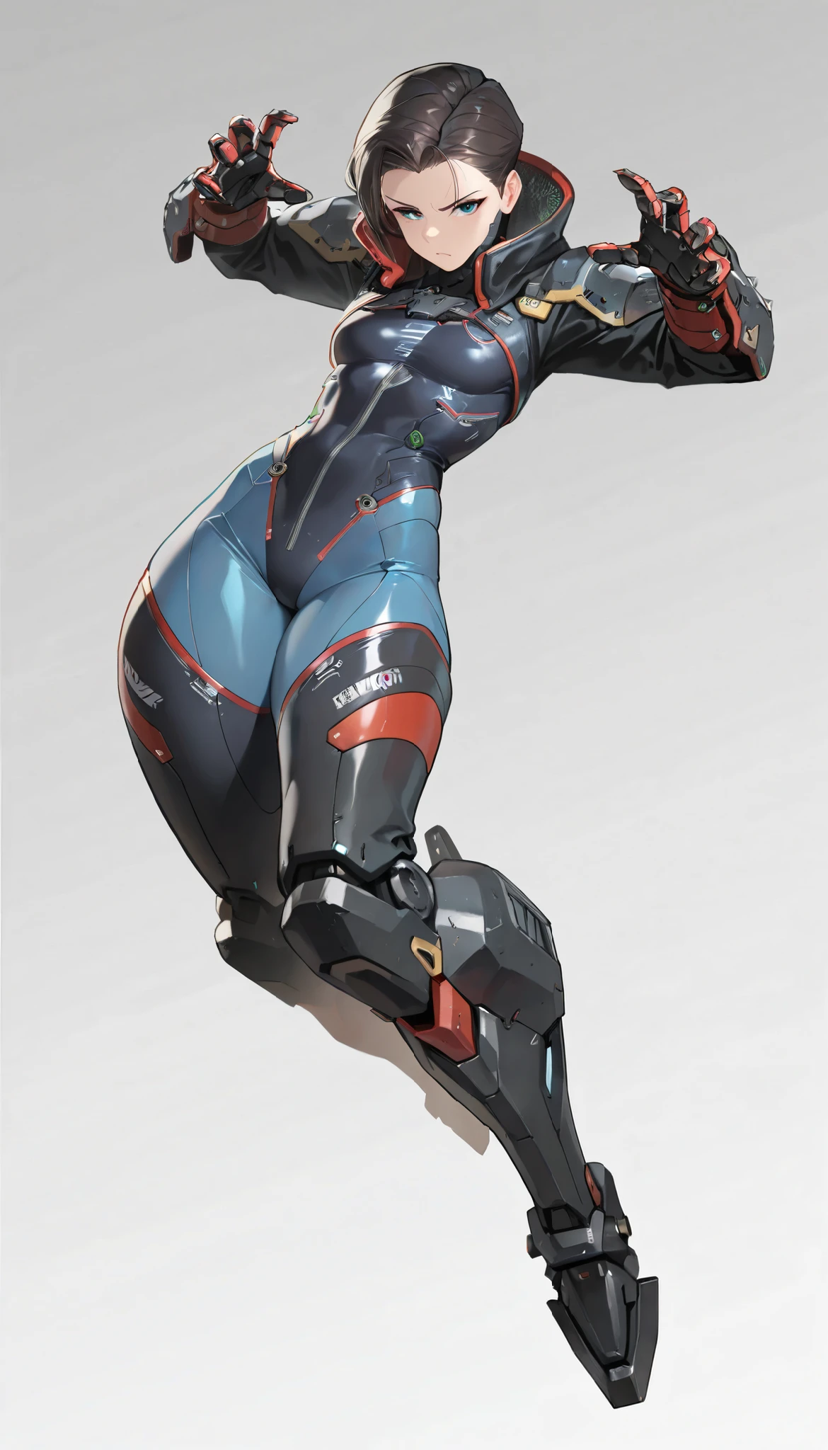(small breasts, visible curves, Full body, Dynamic pose, perspective, Serious, Perfect face ), best quality, amazing quality, very aesthetic, milf, mature, thick thighs, Mechanical legs, leg blades, leg spikes, turbine, cyborg, cyberpunk, street style, techwear, Samurai armor, neon, stylized outfit, white background