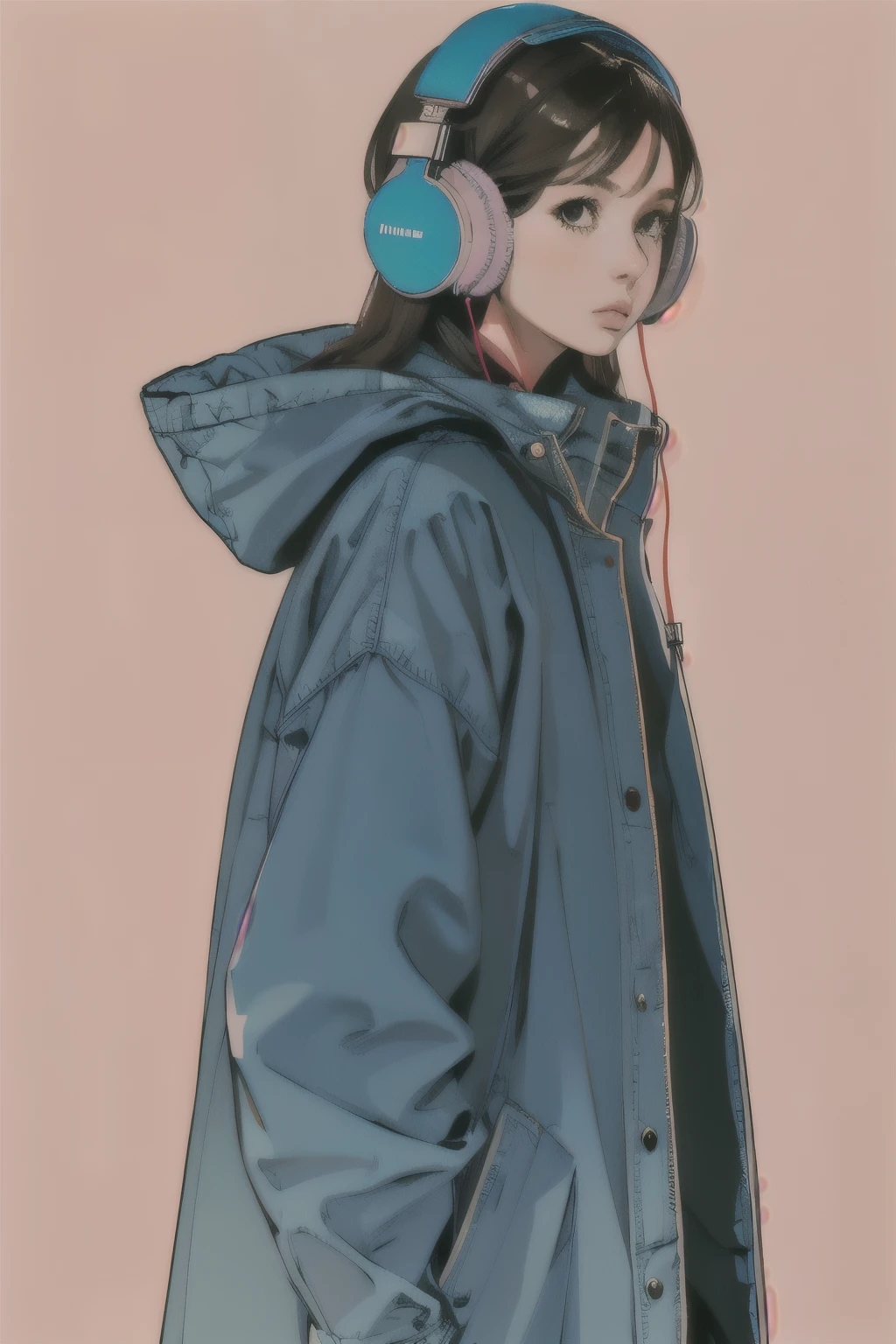 masterpiece, high quality, A girl, wearing a baggy blue coat and headphones,j_pastel_color