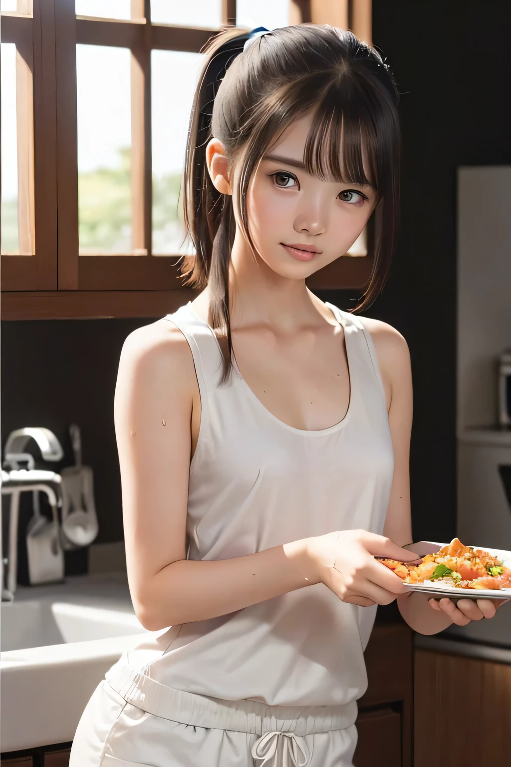 (8k, RAW photo, photorealistic:1.25), (looking at viewer, Messy hair, disheveled wet Hair, wet short ponytail hair, very short hair:1.8), (white headband:1.5), (cleavage, flat chest, covered nipples, white tank top, white running short pants, Track and field wear:1.7), (lip gloss, eyelashes, Shiny surface, Glossy Skin, best quality, ultra highres, allows depth of field, Color Difference , caustics, blow lighting , Natural Shading, kpop idol), (Swollen eyes from crying:1.2) , (crying, tears, tearing, sadness), (dark background, indoor, a girl is making dinner, dark small kitchen, night view:1.4)