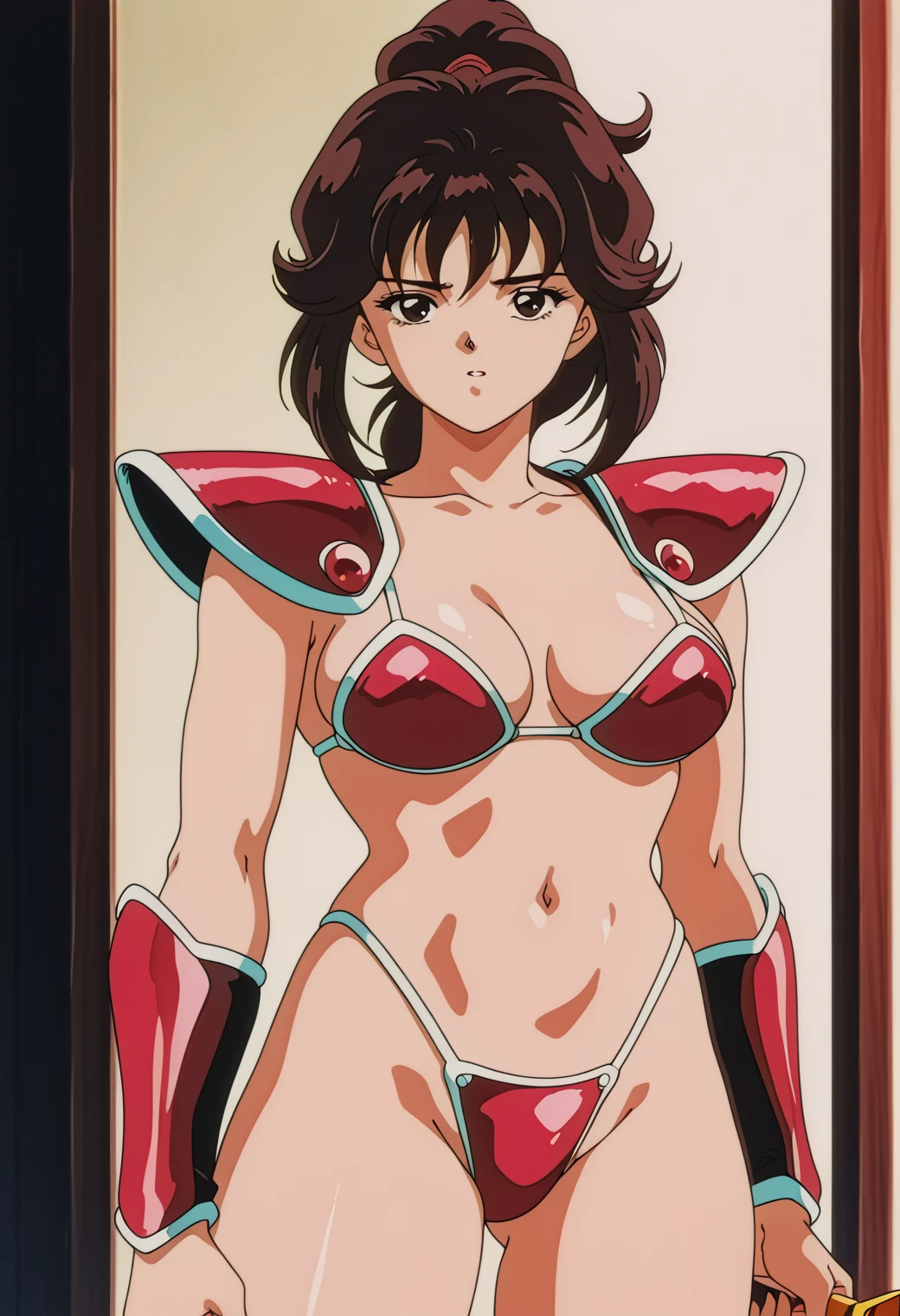 "(masterpiece:1.1), best quality,
1girl, (80s anime style:1.3), (eyelashes:1.5), (:1.2),
(intricate high detailed body:1.2),
(brown hair:1.1), (forehead, parted bangs, hairclip:1.1), (medium hair, two side up:1.2), (crown:1.2),
brown eyes, (red lip stick:1.3),
(medium breasts:1.1),
(happy, smile:1.2), open mouth,
(string bikini armor:1.2),
(knight armor, armored boots:1.2), (suspenders:1.1), (hoop earrings:1.1), bracelet,
standing, arms behind back,
(upper body, cowboy shot, looking at viewer, from front:1.1),
(daytime, grassland, outdoors:1.1)"