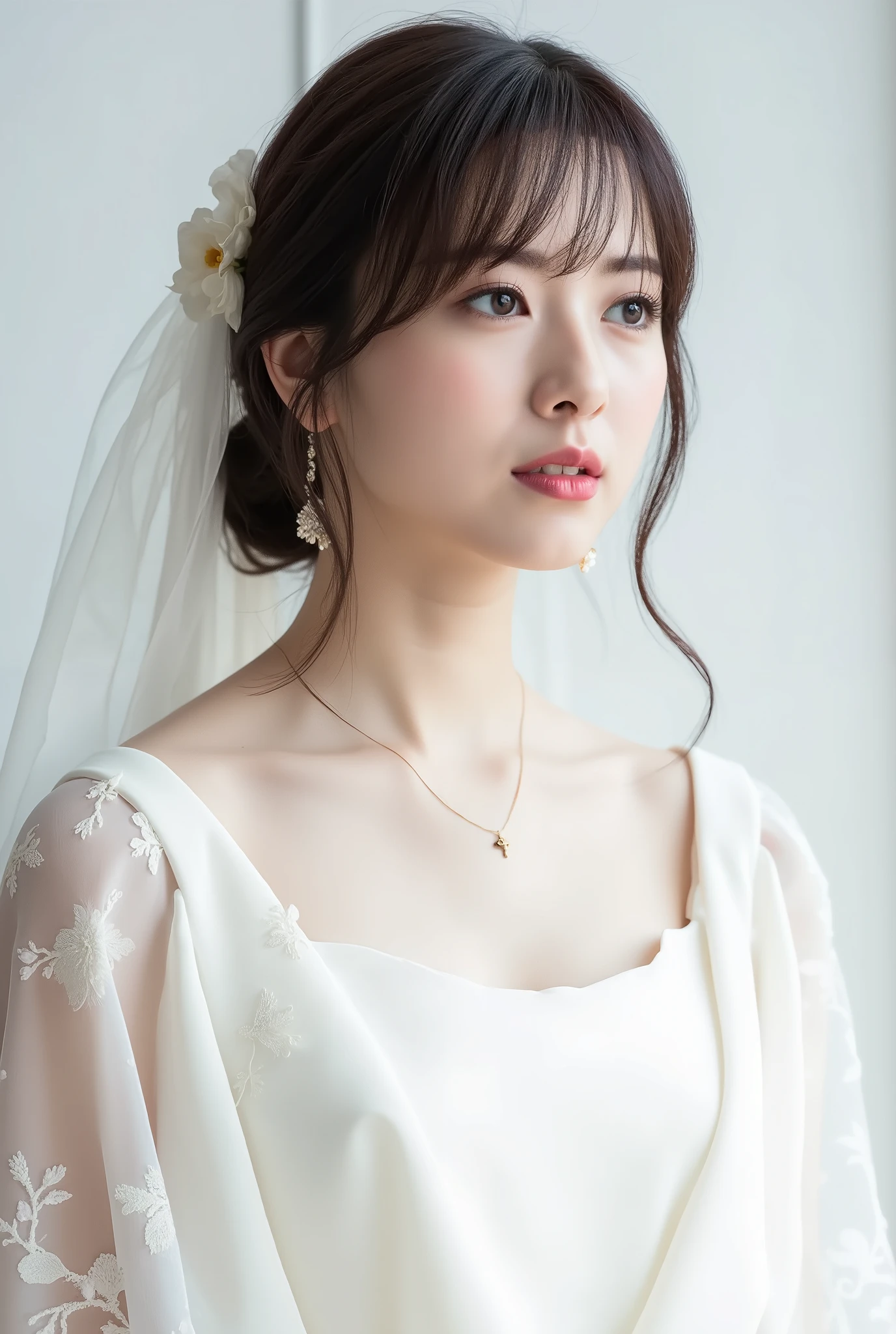 Create a stunning portrait of a beautiful Japanese idol girl, featuring a close-up from the shoulders up. She should have a slim physique, small bust, and medium-length hair. The idol is wearing an elegant wedding dress, capturing both grace and charm.
