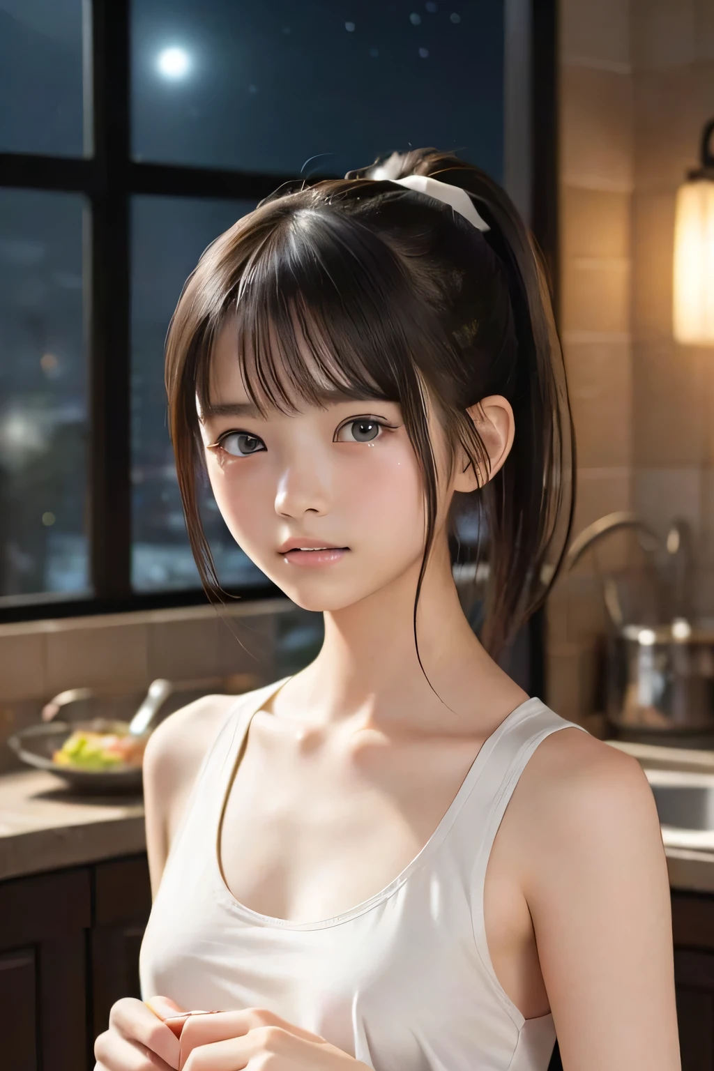 (8k, RAW photo, photorealistic:1.25), (looking at viewer, Messy hair, disheveled wet Hair, wet short ponytail hair, very short hair:1.8), (white headband:1.5), (cleavage, flat chest, covered nipples, white tank top, white running short pants, Track and field wear:1.7), (lip gloss, eyelashes, Shiny surface, Glossy Skin, best quality, ultra highres, allows depth of field, Color Difference , caustics, blow lighting , Natural Shading, kpop idol), (Swollen eyes from crying:1.2) , (crying, tears, tearing, sadness), (dark background, indoor, a girl is making dinner, dark small kitchen, night view:1.4)