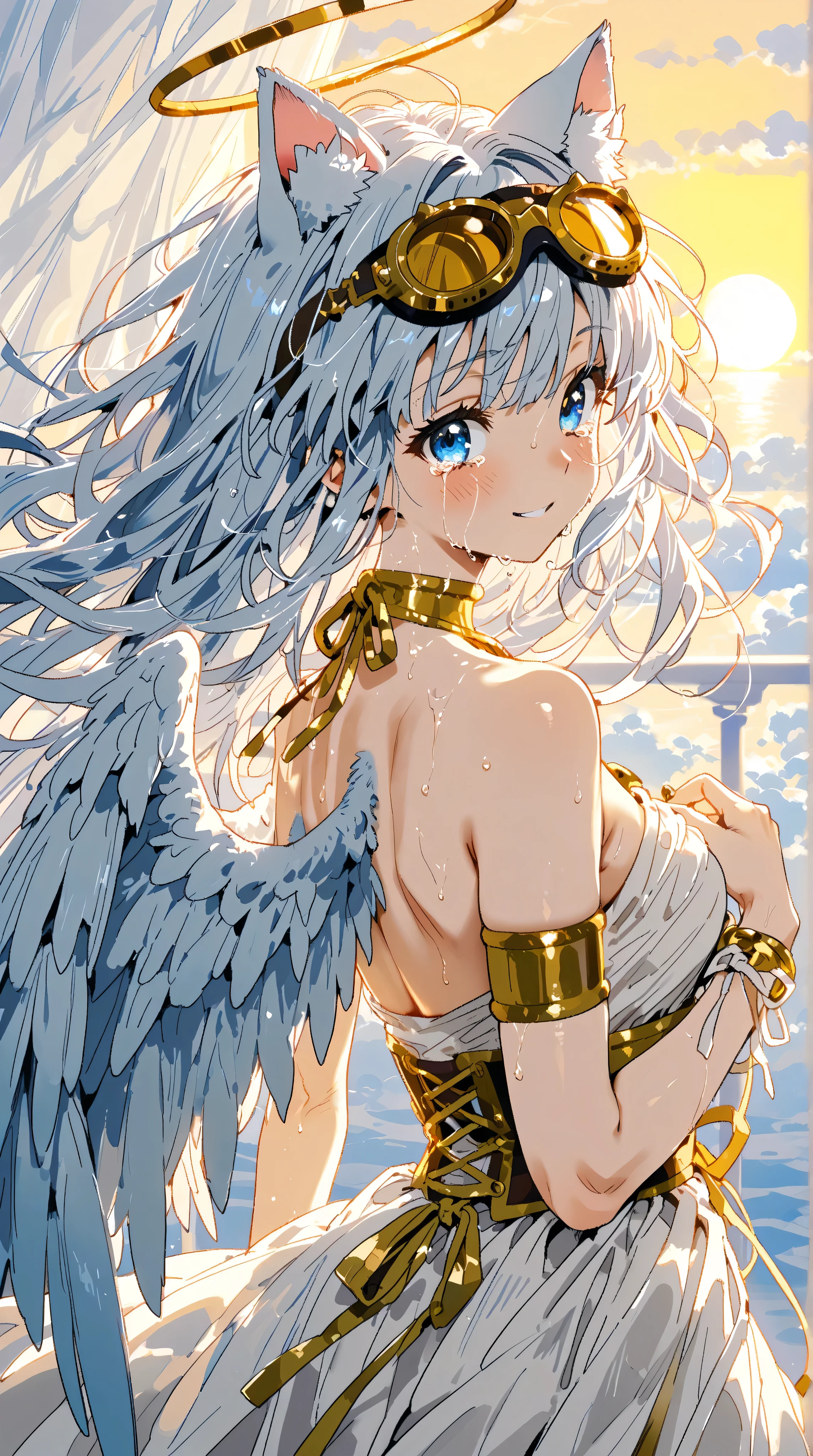 Particles of light, (Dazzling Light:1.2),(1 Angel Girl:1.2),26yo,Nice, Adult face,Beautiful Face, (Face close-up:1.1),Big Breasts(Large Breasts:1.2),There are big angel wings on his back.,Angel wings growing from his back(Giant angel wings:1.2),(Cute Smile:1.2), pink gold long hair, Silver Eyes, Detailed eyes, (Huge bright halo:1.2),(Decorative halo:1.2),Face close-up,(Putting jewelry in your hair:1.2), (hair ornaments:1.2),(Dress Sparkle:1.2),(Detailed decoration on the dress:1.2),(Reflection of the dress:1.2),(A strong wind is blowing), fly in the sky, , (dawn:1.2), (Heaven in the background:1.2), Huge sky, cloudy,(Light of the sun:1.2), (Lens flare:1.2), (Many silver feathers are flying:1.2), ,(white dove flying:1.2),Perfect Anatomy,Accurate anatomy,Sexy pose,Various poses