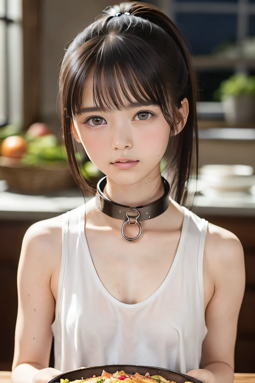 (8k, RAW photo, photorealistic:1.25), (looking at viewer, Messy hair, disheveled wet Hair, wet short ponytail hair, very short hair:1.8), (white headband:1.5), (cleavage, flat chest, covered nipples, white tank top, white running short pants, Track and field wear:1.7), (lip gloss, eyelashes, Shiny surface, Glossy Skin, best quality, ultra highres, allows depth of field, Color Difference , caustics, blow lighting , Natural Shading, kpop idol), (Swollen eyes from crying, leather slave collar:1.2) , (crying, tears, tearing, sadness), (dark background, indoor, a girl is making dinner, dark small kitchen, night view:1.4)