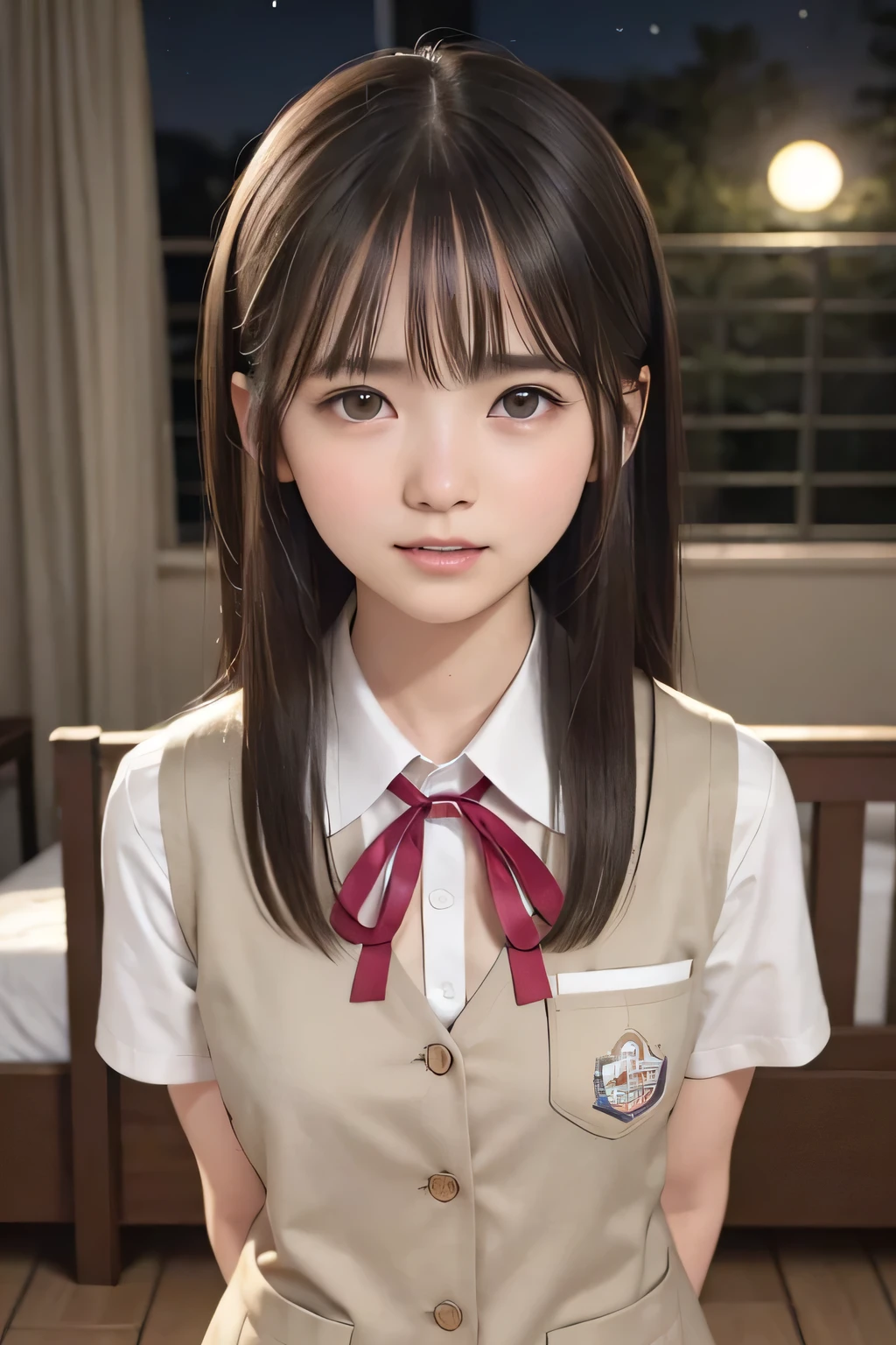 (masterpiece, Best Quality, 8K,Raw photo, High resolution:1.5), (1 girl, upper body, kneeling on the floor, Restrained girl, a girl is crying, arms behind back:1.6), (crying, sobbing, tearing, tearful, full-face blush, embarrassed, shyness), (dark background, night, indoor, moon light, bedroom, double bed:1.8), (Candid, Sophisticated, Thin arms, Narrow waist, Slim body, Slender girl:1.7), (Bokeh:1.7), (cleavage, small breasts:1.5), Beauty, (taken off shirt, Unbuttoned shirt, naked open shirt, vest, school uniform vest with red ribbon, short sleeve shirt, Pleated miniskirt, slave metal collar, chained handcuff:1.9), (short two braids hair, black eyes:1.8), (forehead:1.2), japanese