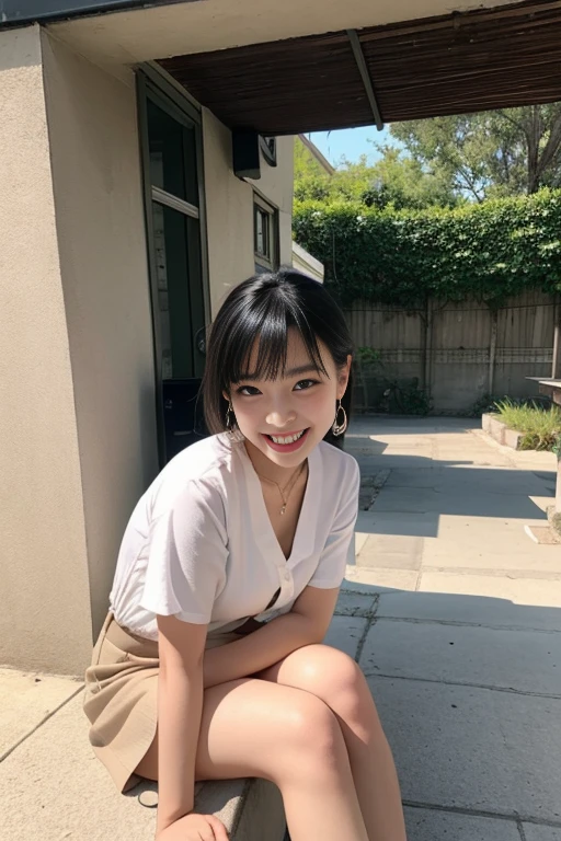 最high quality, In 8K, Masseter region, Vibrant, Sharp focus, high quality, High resolution, Detailed face, fine grain, Thick lips, (Looking at the audience), alone, Beautiful woman, 38 years old, Japanese women, (Short black hair:1.4)、(Bob Hair:1.4), Cleavage, Lunch break、Large city park、Green Grass、In front of a big fountain、(sitting on a park bench:1.3)、(Full body photo:1)、(White Formal Dress:1.5)、(Knee length dresses:1.5)、(Black pumps:1.5)、(Red lipstick:1)、(smile:1.3)、(Standard body type)、(D cup breasts)