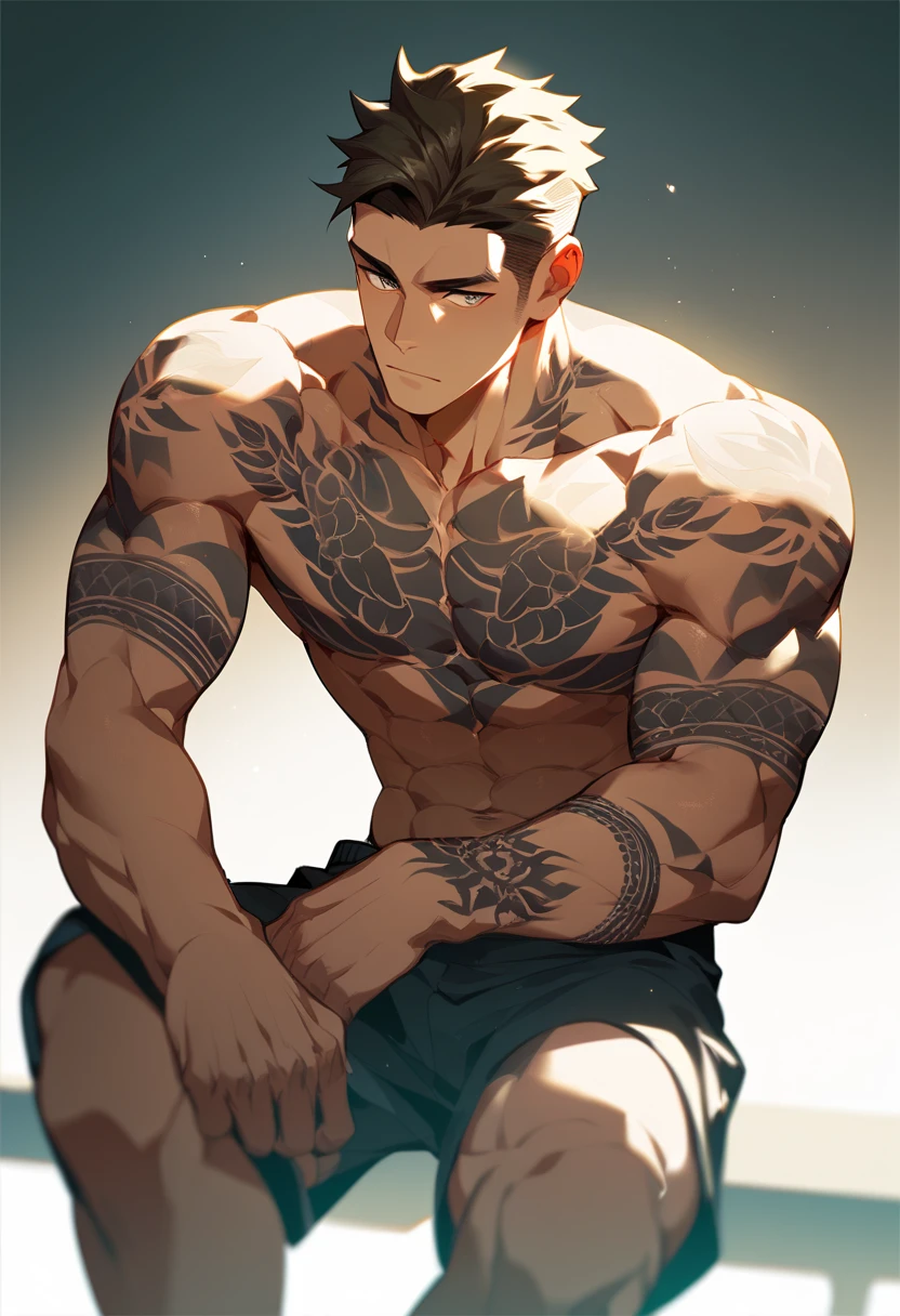 Full body shot,A handsome Yakuza young man, Sit on the tatami floor of a traditional Japanese-style room, Strong and handsome 35-year-old man, Super short blonde hair, Trimmed beard, Cool white skin, dark circles, The whole body is filled with delicate and gorgeous Japanese ukiyo-e style tattoos,Nipple Ring, gold necklaces, Natural lighting indoors, Strong contrast between light and shadow,