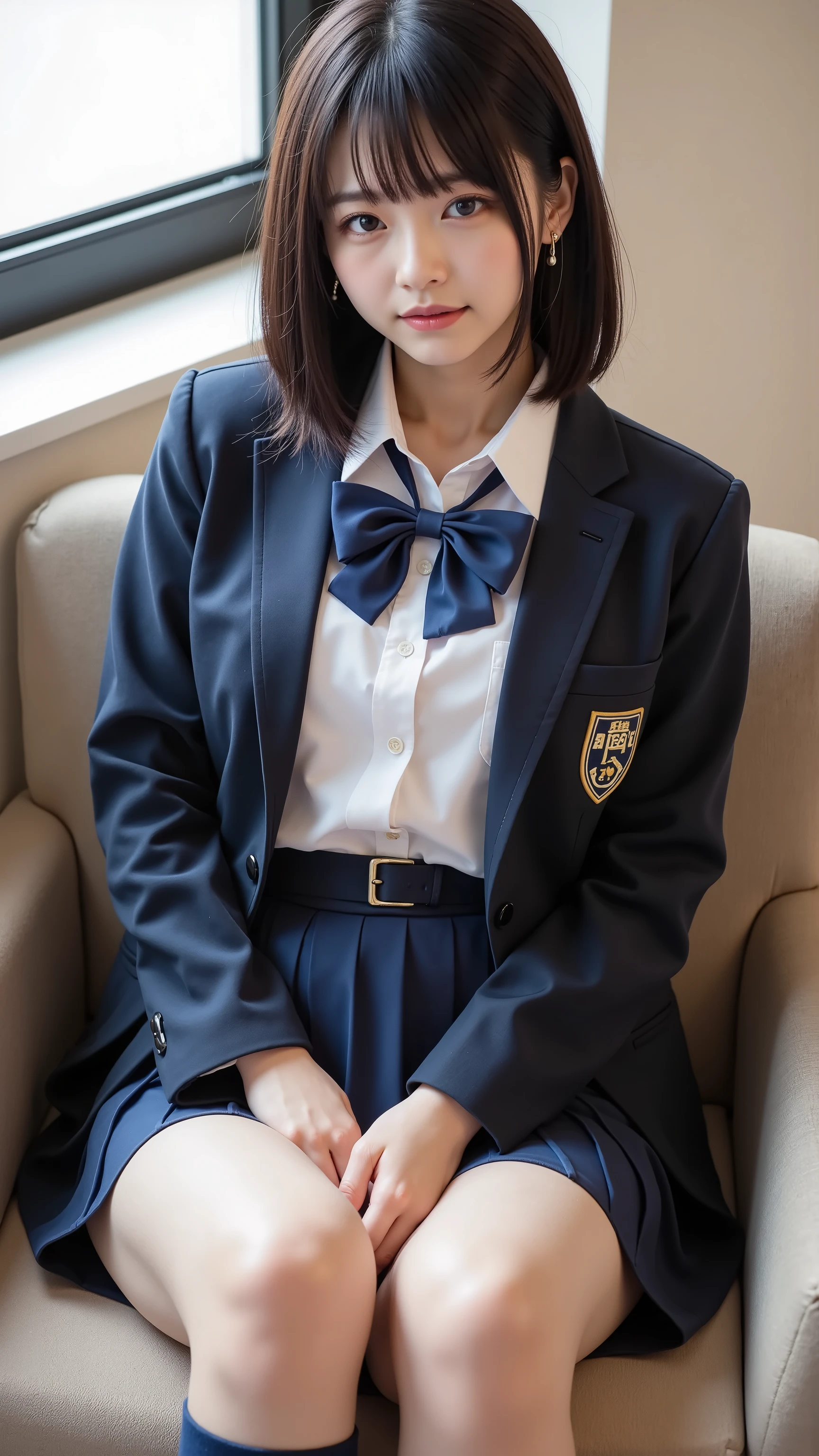 nsfw, Korean Idols, Nogizaka idol,actress, gravure idol, (8k, RAW Photo, top quality, masterpiece:1.2), masterpiece, top quality, shape, very well detailed, Fine details, Hi-Res, 8k, wallpaper, perfect dynamic composition,(Detailed and high quality , realistic eye depiction:1.3), (( in the seat, One high )), in the background is a luxury hotel room 、 uniform、 blazer 、 。超ショートチェックuniformスカート 、 navy blue knee-high socks、 garter belt、Huge 、Disheveled uniform, Play with each other, Touching each other's bodies , Touching the girl next door's body , short bob, black hair, Hugeな胸, Big Natural Color Lips, bold and sexy pose, (Perfect shape), is crying a little、Cold Stare, Beautiful Makeup,Glitter Makeup,The cutest 18 year old, beautiful feet, gravure idol風ポーズ, Full Thighs