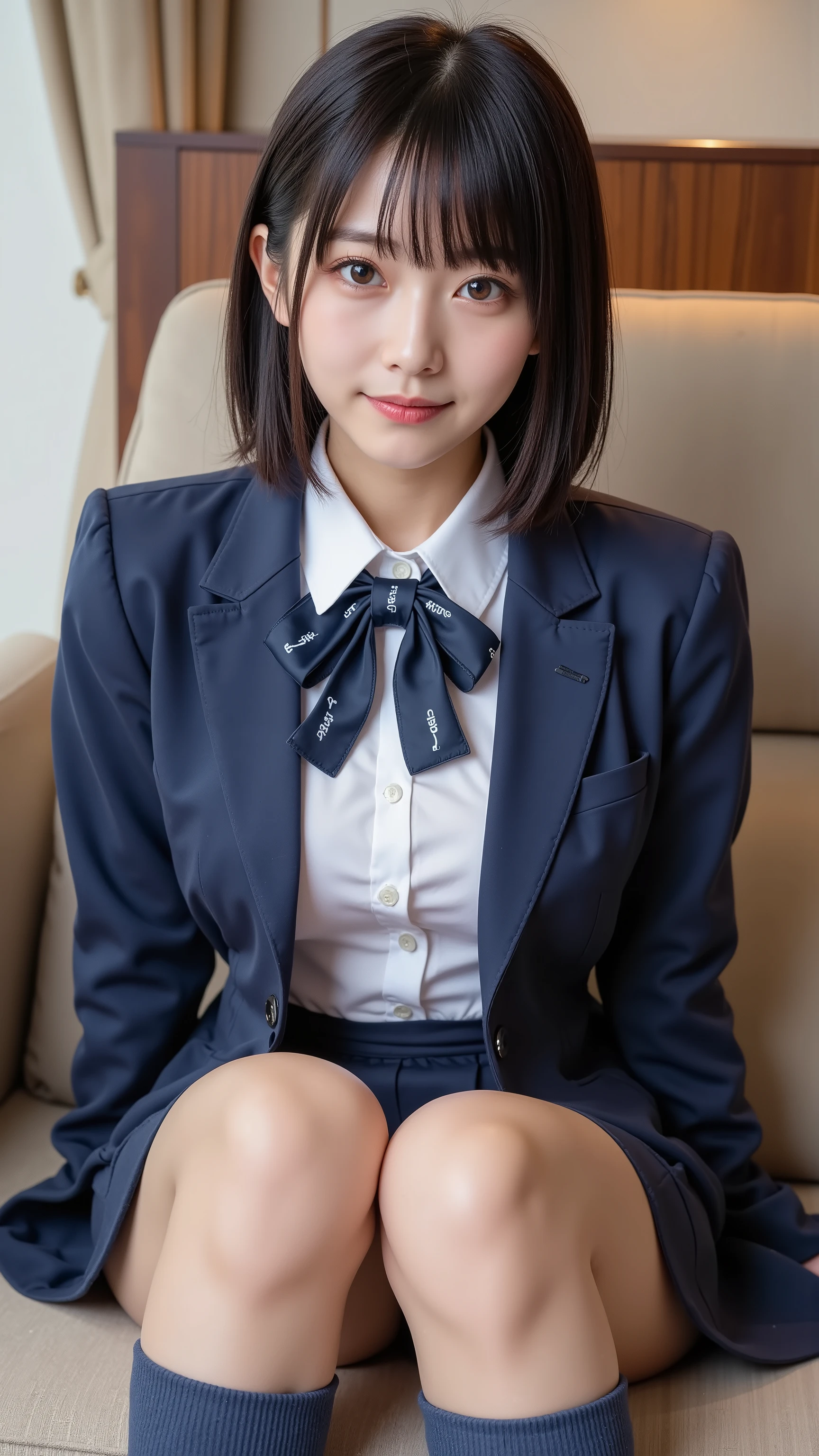 nsfw, Korean Idols, Nogizaka idol,actress, gravure idol, (8k, RAW Photo, top quality, masterpiece:1.2), masterpiece, top quality, shape, very well detailed, Fine details, Hi-Res, 8k, wallpaper, perfect dynamic composition,(Detailed and high quality , realistic eye depiction:1.3), (( in the seat, One high school student)), in the background is a luxury hotel room 、 uniform、 blazer 、 。超ショートチェックuniformスカート 、 navy blue knee-high socks、 garter belt、Huge 、Disheveled uniform, Play with each other, Touching each other's bodies , Touching the girl next door's body , short bob, black hair, Hugeな胸, Big Natural Color Lips, bold and sexy pose, (Perfect shape), is crying a little、Cold Stare, Beautiful Makeup,Glitter Makeup,The cutest 18 year old, beautiful feet, gravure idol風ポーズ, Full Thighs