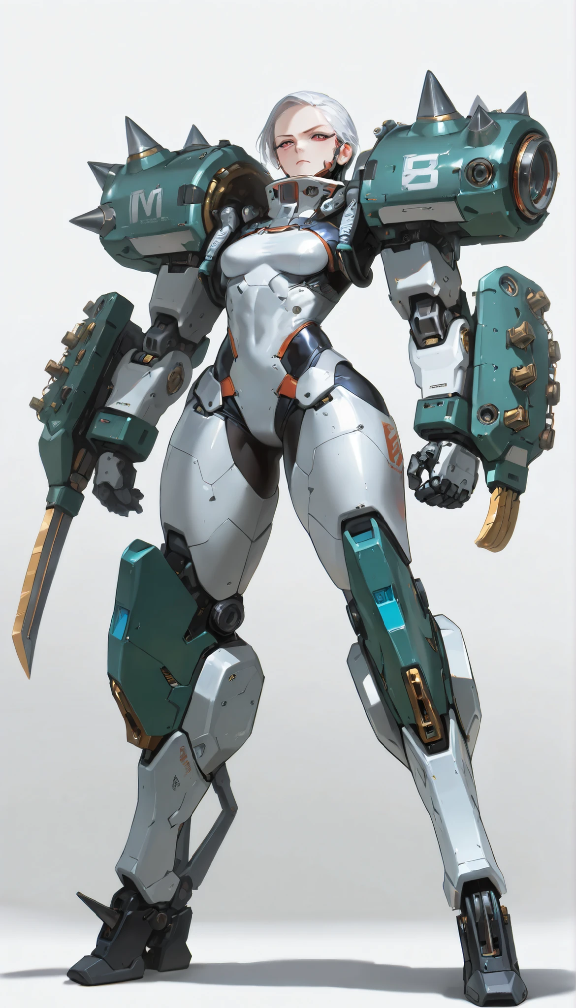 (small breasts, visible curves, Full body, perspective, Serious, Perfect face ), best quality, amazing quality, very aesthetic, milf, mature, thick thighs, Mechanical legs, leg blades, spikes, turbine, cyborg, cyberpunk, street style, techwear, Samurai armor, neon, stylized outfit, white background