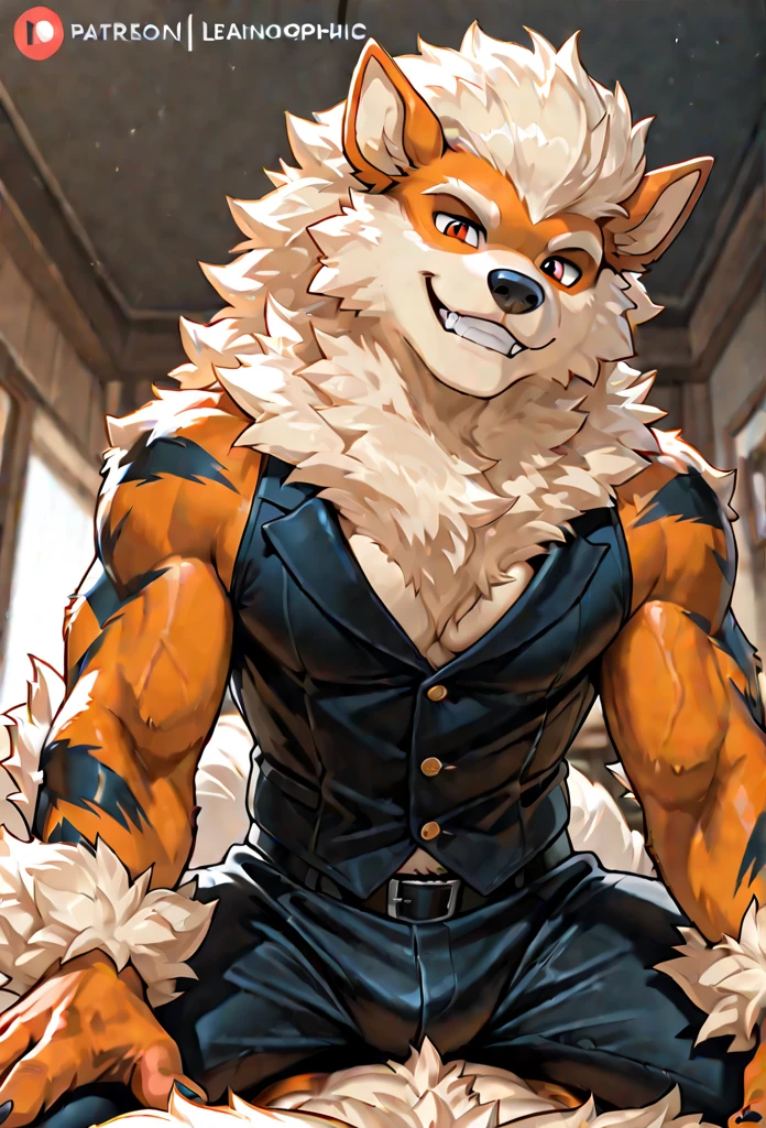 (Best quality: 1.0), (Super High Resolution: 1.0), (masterpiece, best quality:1.2), detailed, detailed hands, detailed eyes, score_9, score_8_up, score_7_up, furry, anthro, ((arcanine)), ((solo)), (manly), horns, gentle face, handsome face, huge, fluffly fur, nipples, looking pleasured, sexually, sexy pose, SFW, coffee shop, (apron), nude, bulge, flaccid, in heat, panting, sweat, sweaty, musk, (skinny, shy), (thick thighs:1.2), (glowing body), (glowing eyes), (snout:1.1), vibrant, (slightly chubby:0.7), (muscular:1.3), hands touching, (looking at viewer), shy, blushes:0.3, close up view, (by bebebebebe, by syuro)