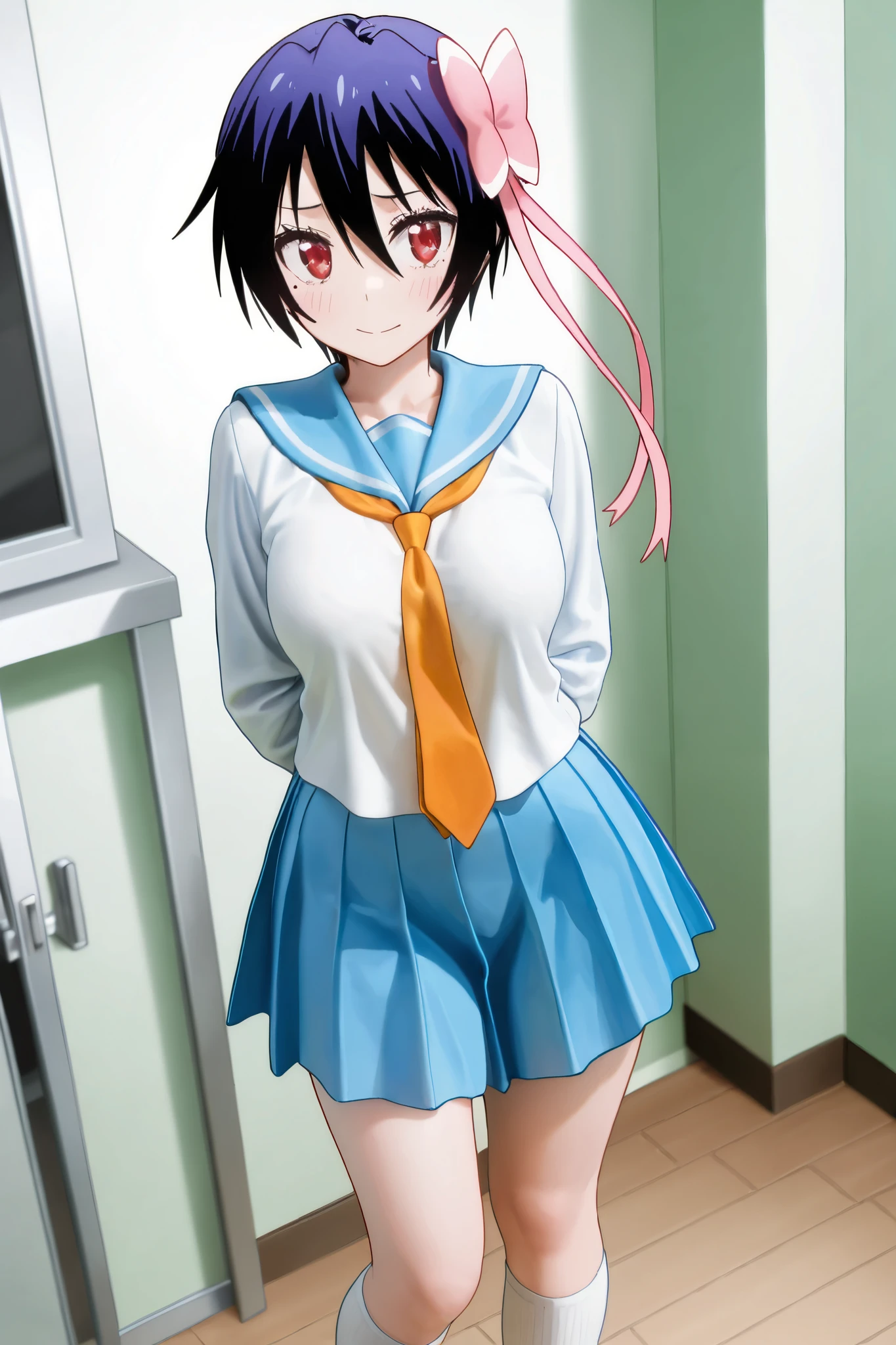 NSFW, Masterpiece, top quality, Hi-Res, very detailed,Seishirou Tsugumi\(Nisekoi\)、 short hair、 red eyes、ribbon、 Lantern、ヘアribbon、 mole、目の下の mole、青いribbon, skirt by humili、 shirt、 knee socks、uniform、clavicle、白い shirt、プリーツ skirt by humili、 tie、 sailor suit、 sailor collar、赤いribbon、青い skirt by humili、青い sailor collar,School, dressing room