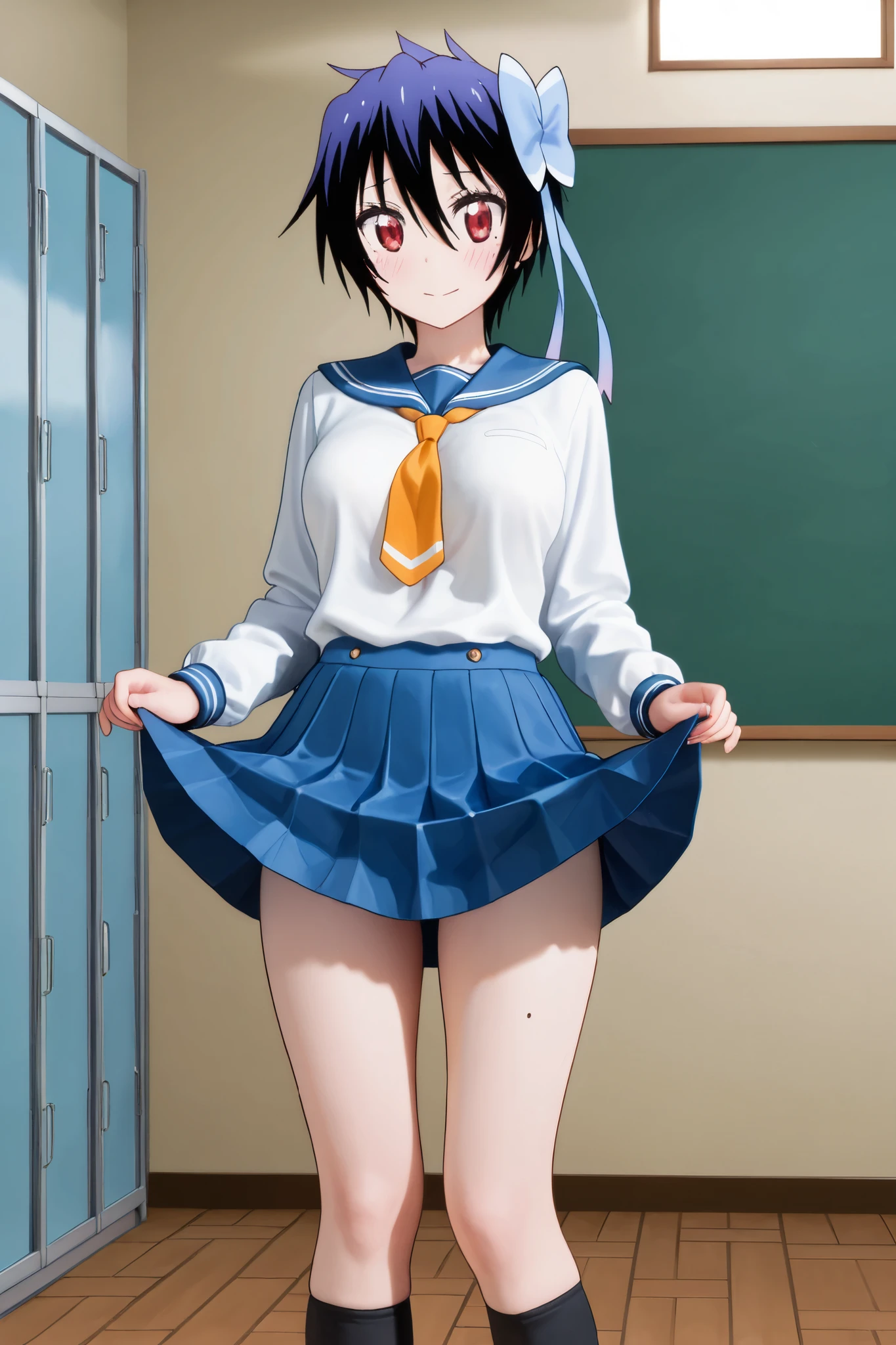 NSFW, Masterpiece, top quality, Hi-Res, very detailed,Seishirou Tsugumi\(Nisekoi\)、 short hair、 red eyes、ribbon、 Lantern、ヘアribbon、 mole、目の下の mole、青いribbon, skirt by humili、 shirt、 knee socks、uniform、clavicle、白い shirt、プリーツ skirt by humili、 tie、 sailor suit、 sailor collar、赤いribbon、青い skirt by humili、青い sailor collar,School, dressing room