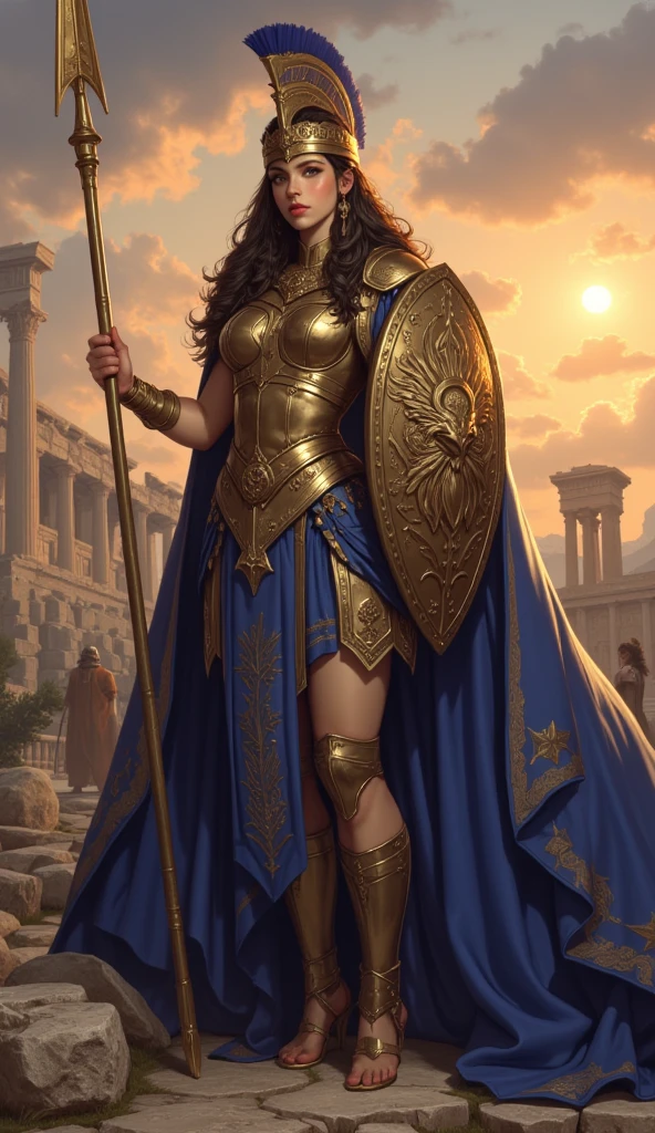 Develop a book cover that captures the essence of Greek mythology. The story is an epic adventure that mixes gods, Heroes and mythological creatures in a world filled with magic and danger. The cover should feature a color palette that harks back to ancient Greece, com tons de azul, gold and white marble. No centro da capa, Highlight a hero or heroine in Greek armor, wielding a legendary weapon, com os deuses do Olimpo observando de fundo. Acima, Enter the title of the book in majestic gold letters and the author's name in smaller letters at the bottom. Make sure the cover conveys the feeling of adventure, mystery and wonder that readers will find within the pages of this engaging story. titulo "The Odyssey of the Gods and Heroes"