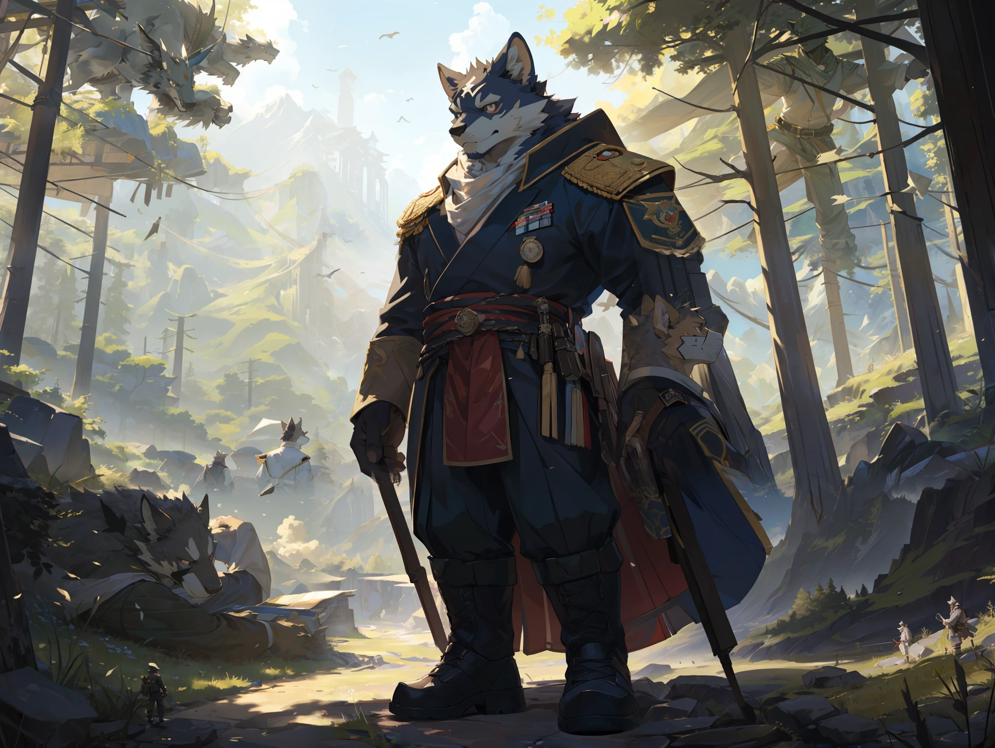 masterpiece, high quality, H, number \(artwork\), Volumetric lighting, male, ((alone)), pure_(changed), (Very detailed:1pure, White mask, gray fur, only, huge body, long legs, long arms, broad shoulders, pure_(changed)) (wallpaper, 4K), landscape, portrait, Detailed background, External, Sky, forest, go through (go through Pino Daeni, (go through ruaidri), Yes, Kiyoyama), Detailed background, japanese manga, (dark shadow, wide dynamic range, high dynamic range, low light:1.2), nightmare,negative value,go through littleblackalas,military uniform