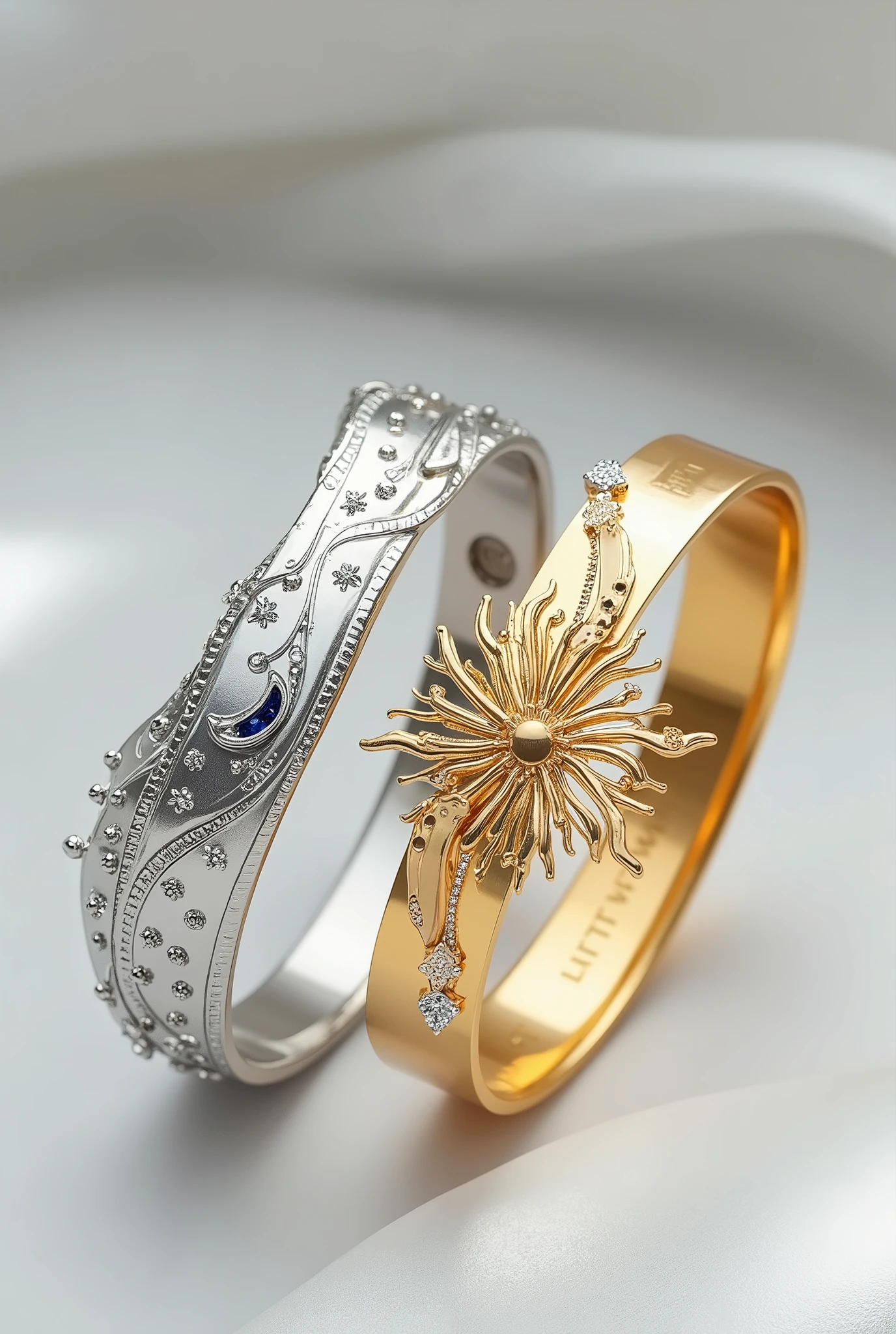 Design a pair of matching couple bracelets, symbolizing the eternal bond between day and night. The first bracelet is crafted in gold, shaped to resemble the radiant sun, with intricate sun rays extending outwards. The metal is polished to perfection, reflecting light in a way that gives it a glowing, fiery presence. Small, delicate diamonds or crystals are embedded along the sun's rays, catching the light and adding a touch of sparkle, representing the brilliance of daylight.
The second bracelet is made from a smooth, polished silver that elegantly represents the serene moon. Its design is soft and rounded, with subtle crescent shapes nestled within the band, echoing the moon’s form. Tiny star-like embellishments in silver and small sapphires are scattered across the surface, capturing the essence of the night sky. The moon bracelet should have a calm, reflective appearance, with its smooth silver surface designed to evoke a sense of tranquility.
Both bracelets are connected by a delicate thread of gold and silver, intertwining to form a seamless, harmonious flow. The sun bracelet’s golden hue contrasts beautifully with the moon bracelet’s cool silver tone, while the sparkling stars and diamonds symbolize the eternal companionship between the two. The design is elegant yet bold, showcasing a perfect balance between the warmth of day and the coolness of night, making them the ideal pair for a couple united in both light and darkness.