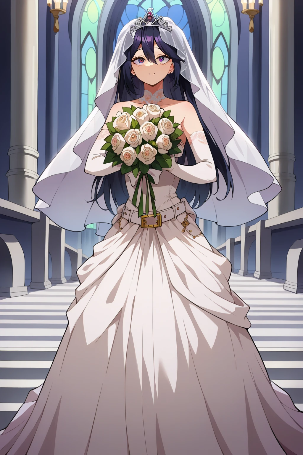 ayase aragaki, 1girl, solo, dress, tiara, black hair, bare shoulders, wedding dress, gloves, white dress,dynamic pose, (masutepiece:1.2), Best Quality, High resolution, Unity 8k Wallpaper, (Illustration:0.8), (Beautiful detailed eyes:1.6), extra detailed face, Perfect Lighting, extremely details CG, (Perfect hands, Perfect Anatomy),dynamic pose,extremely detailed face, perfect lighting, extremely detailed CG, (perfect hands, perfect anatomy),, dynamic pose,(masterpiece:1.2), best quality, high resolution, unity 8k wallpaper,perfect hair, perfect eyes, perfect hands, beautiful fingers,detailed face, detailed eyes,smile,church entrance, flower bouquet, stair, victoria church