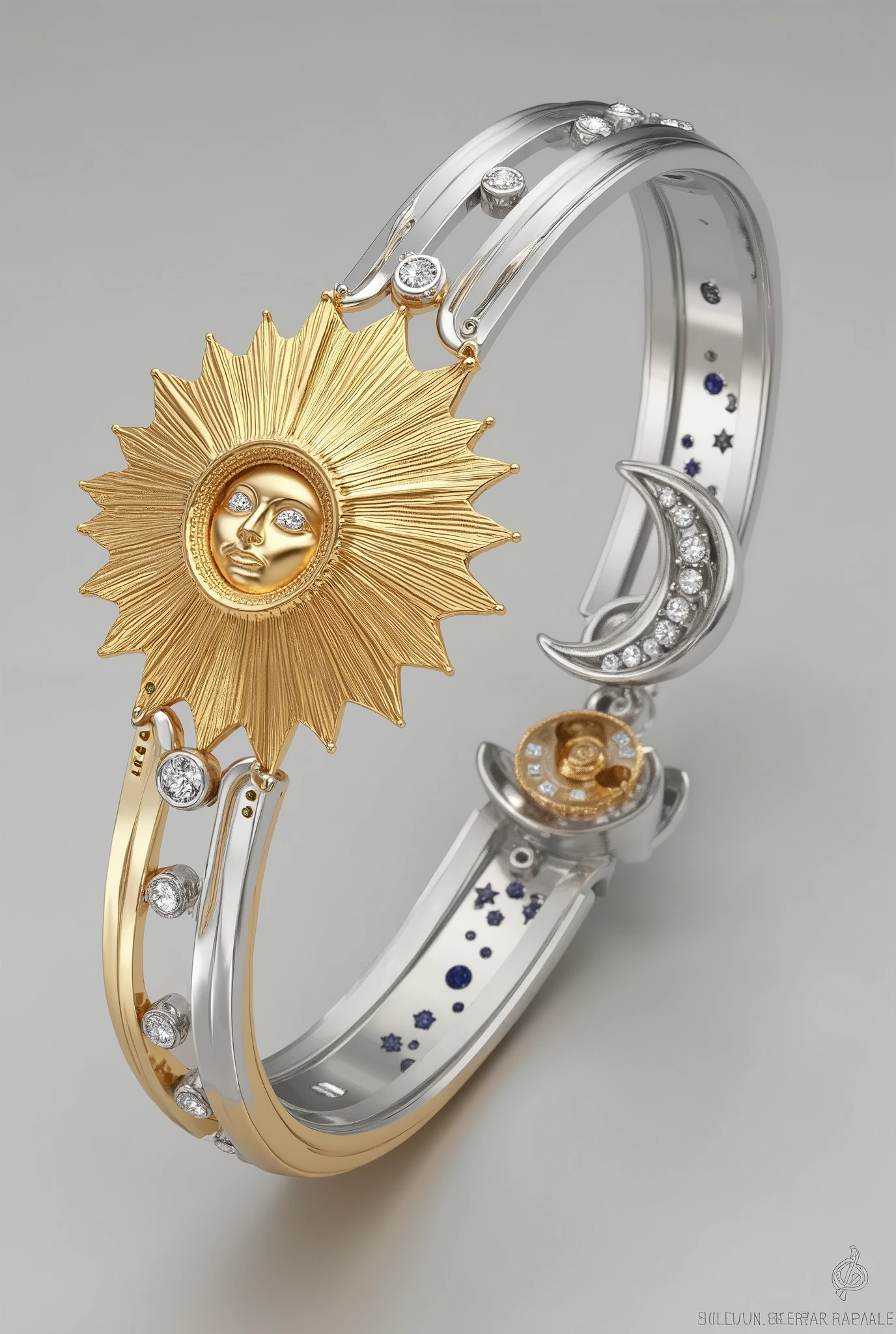 Design a pair of matching couple bracelets, symbolizing the eternal bond between day and night. The first bracelet is crafted in gold, shaped to resemble the radiant sun, with intricate sun rays extending outwards. The metal is polished to perfection, reflecting light in a way that gives it a glowing, fiery presence. Small, delicate diamonds or crystals are embedded along the sun's rays, catching the light and adding a touch of sparkle, representing the brilliance of daylight.
The second bracelet is made from a smooth, polished silver that elegantly represents the serene moon. Its design is soft and rounded, with subtle crescent shapes nestled within the band, echoing the moon’s form. Tiny star-like embellishments in silver and small sapphires are scattered across the surface, capturing the essence of the night sky. The moon bracelet should have a calm, reflective appearance, with its smooth silver surface designed to evoke a sense of tranquility.
Both bracelets are connected by a delicate thread of gold and silver, intertwining to form a seamless, harmonious flow. The sun bracelet’s golden hue contrasts beautifully with the moon bracelet’s cool silver tone, while the sparkling stars and diamonds symbolize the eternal companionship between the two. The design is elegant yet bold, showcasing a perfect balance between the warmth of day and the coolness of night, making them the ideal pair for a couple united in both light and darkness.