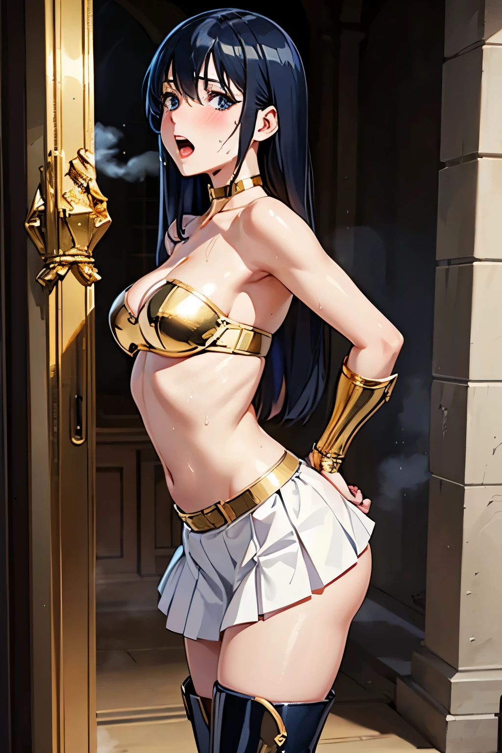 (Nsfw), ((BDSM)),(((masterpiece))), ((comics, anime)), (3DCG), CG illustration,asou_yuuko, highest quality, high resolution, 8K, ultra-realism, super detailed and realistic skin texture, ultra-detailed, perfect anatomy, perfect lightning, realistic shadows, beautiful illustrations, Realistic skin, ((cowboy shot)), 1girl, 1man,
BREAK (arms behind back:1.4), ((sex from behind)), vaginal, (doggystyle), deep kiss,arms,ero,from side, sex from behind,
BREAK 1man, 25 years old , faceless male, wresler, big man,
BREAK 1 girl, 18 yo, Elegant mature woman, Fine skin, real looking skin, Height:158cm, body weight:42㎏, breasts:82cm, waist:58cm, hip:80cm, Ultra-fine facial texture, Realistic beautiful face, realistic beautiful eyes, very detailed eyes, beautiful fingers, Beautiful detailed eyes,
BREAK ((flat chest)), ((slender body)), (((Thin thighs))), narrow waist, (((perky breasts))), Long legs, a small face,
BREAK armor knight, (((bikini-type gold metal breastplate, lift))), intricate decoration, (((crop top))), (((strapless dress))), ((Cleavage)), (((choker))),
BREAK (((((Thigh-length gold metal boots, pin heel))))), (((gold metal gauntlet))), ((gold metal shoulder guard)), Metallic Shine,
BREAK (((knee length skirt))), ((((white pleated skirt)))), gold metal belt,(((white panties))),
BREAK ((beautiful dark blue hair)), (((Long hair))), ((straight hair)), (silky hair), ((asymmetrical bangs)), ((hair between eyes)), ((46 points oblique bangs)), ((beautiful dark navy eyes)), natural makeup,
BREAK ((arched back)), ((Looking Up)), (((Girl gets kissed on the neck)), (Beautiful erotic eyes:0.8), (Too erotic:0.9, Fascinating:0.9),
BREAK (The girl is resisting desperately)), ((turning face away)), ((blush)), ((expression of patience)), open mouth, ((narrow eyes)), ((sweating face)), ((steam)), (((breath))), (glossy skin), ((sweating skin)), ((wet skin)), ((droplets of sweat)),
