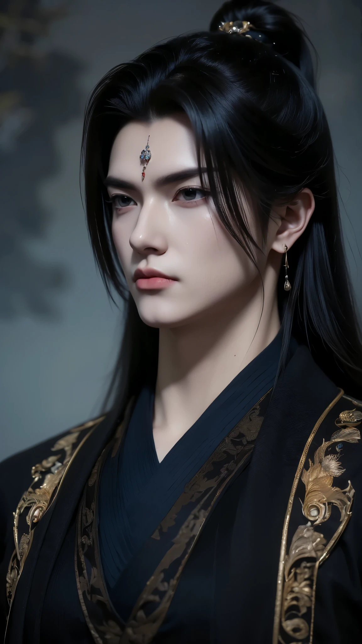 A beautiful portrait of Vuong Lam, exuding a cold, majestic demeanor mixed with a hint of loneliness. His deep, dark blue eyes reflect resilience, experience and an inscrutable inner world, representing a man whose life has been shaped by countless challenges but remains steadfast. His handsome, sharp face exudes determination and intelligence. He has long flowing black or white hair styled in the ancient Xianxia style, enhancing his ethereal appearance. He wore an exquisite Xianxia-style outfit that radiated power and elegance. His outfit is in the style of the Xianxia and has blue embroidered edges, layered under a dark gray overcoat decorated with intricate sunken patterns. The color palette—black, brown, and gray—conveys maturity and mystery, blending perfectly into the world of immortals. The atmospheric background is hazy and ethereal, with subtle energy swirling around him, adding depth to his mysterious aura. The lighting is dramatic, emphasizing his noble yet melancholy presence. Incredibly detailed cinematic compositions, hyper-realistic textures, 8K resolution, fantasy-inspired masterpiece."