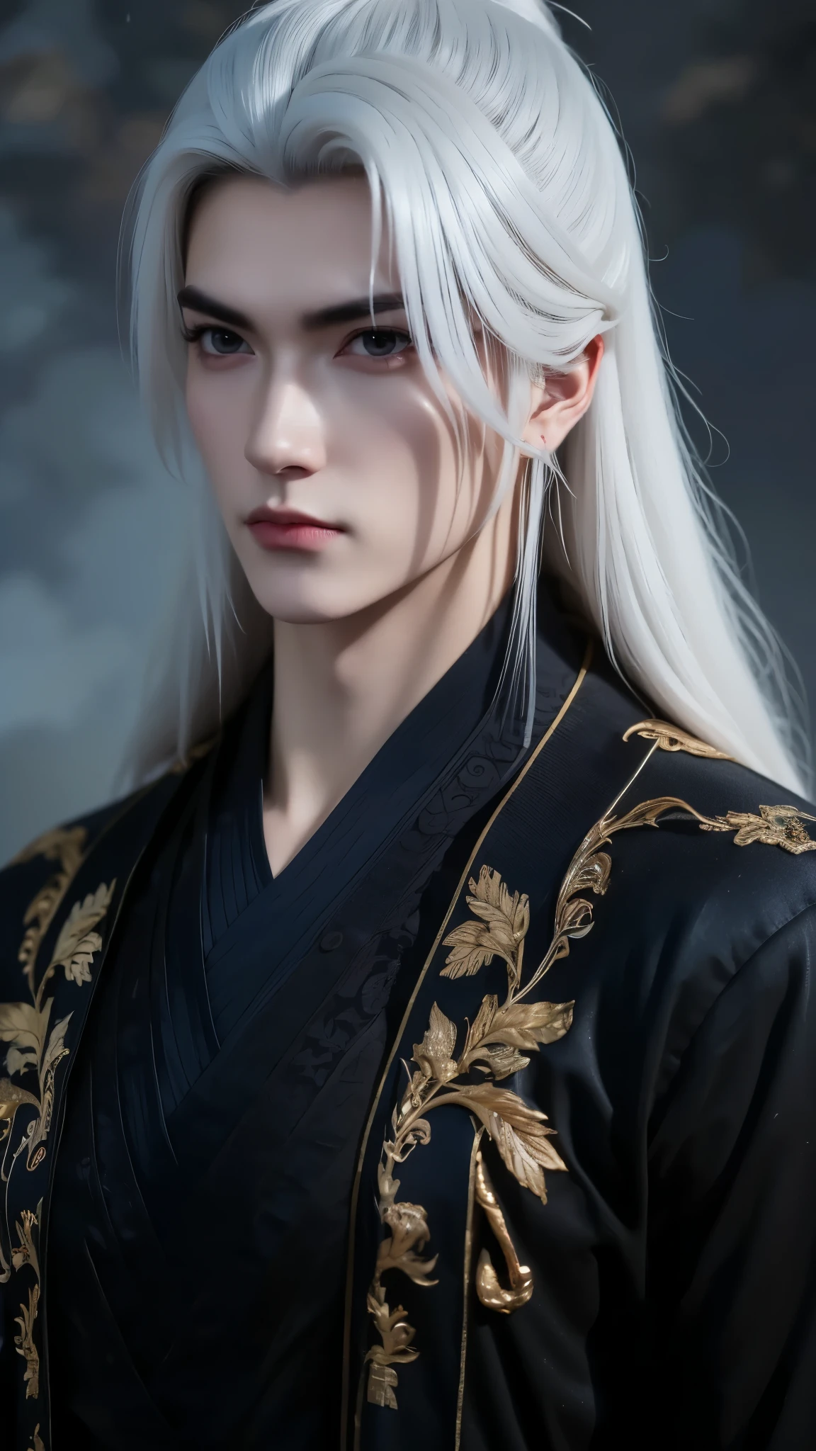 A beautiful portrait of Vuong Lam, exuding a cold, majestic demeanor mixed with a hint of loneliness. His deep, dark blue eyes reflect resilience, experience and an inscrutable inner world, representing a man whose life has been shaped by countless challenges but remains steadfast. His handsome, sharp face exudes determination and intelligence. He has long flowing black or white hair styled in the ancient Xianxia style, enhancing his ethereal appearance. He wore an exquisite Xianxia-style outfit that radiated power and elegance. His outfit is in the style of the Xianxia and has blue embroidered edges, layered under a dark gray overcoat decorated with intricate sunken patterns. The color palette—black, brown, and gray—conveys maturity and mystery, blending perfectly into the world of immortals. The atmospheric background is hazy and ethereal, with subtle energy swirling around him, adding depth to his mysterious aura. The lighting is dramatic, emphasizing his noble yet melancholy presence. Incredibly detailed cinematic compositions, hyper-realistic textures, 8K resolution, fantasy-inspired masterpiece."