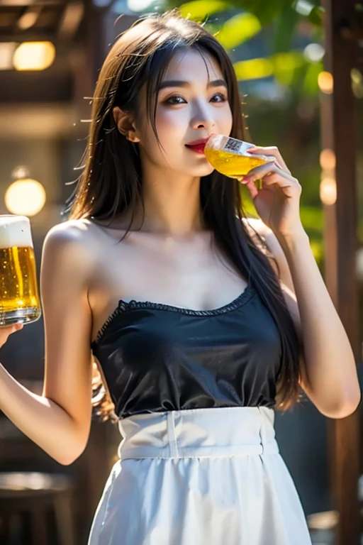 Best quality, masterpiece, ultra high res, (photorealistic:1.4), raw photo, (busy pub), 2 girls wearing black dress and chokers, medium breasts, slender, party, excited, cheering beer <lora:asianGirlsFace_v1:0.3> <lora:OrientalBeauty_2_1:0.15>