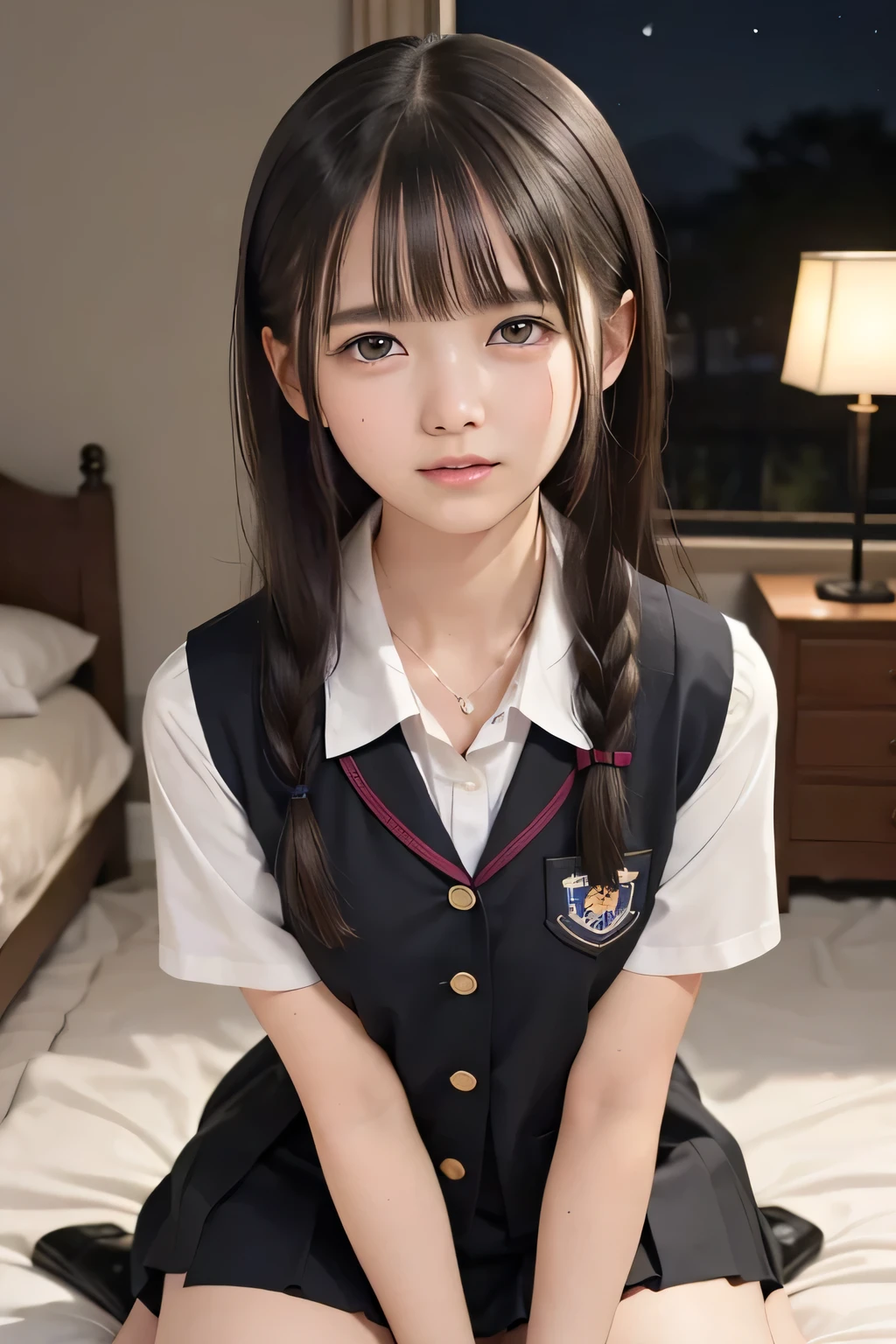 (masterpiece, Best Quality, 8K,Raw photo, High resolution:1.5), (1 girl, upper body, kneeling on the floor, Restrained girl, a girl is crying, arms behind back:1.6), (crying, sobbing, tearing, tearful, full-face blush, embarrassed, shyness), (dark background, night, indoor, moon light, bedroom, double bed:1.8), (Candid, Sophisticated, Thin arms, Narrow waist, Slim body, Slender girl:1.7), (Bokeh:1.7), (cleavage, small breasts:1.5), Beauty, (taken off shirt, Unbuttoned shirt, naked open shirt, vest, school uniform vest with red ribbon, short sleeve shirt, Pleated miniskirt, slave metal collar, chained handcuff:1.9), (short two braids hair, black eyes:1.8), (forehead:1.2), japanese