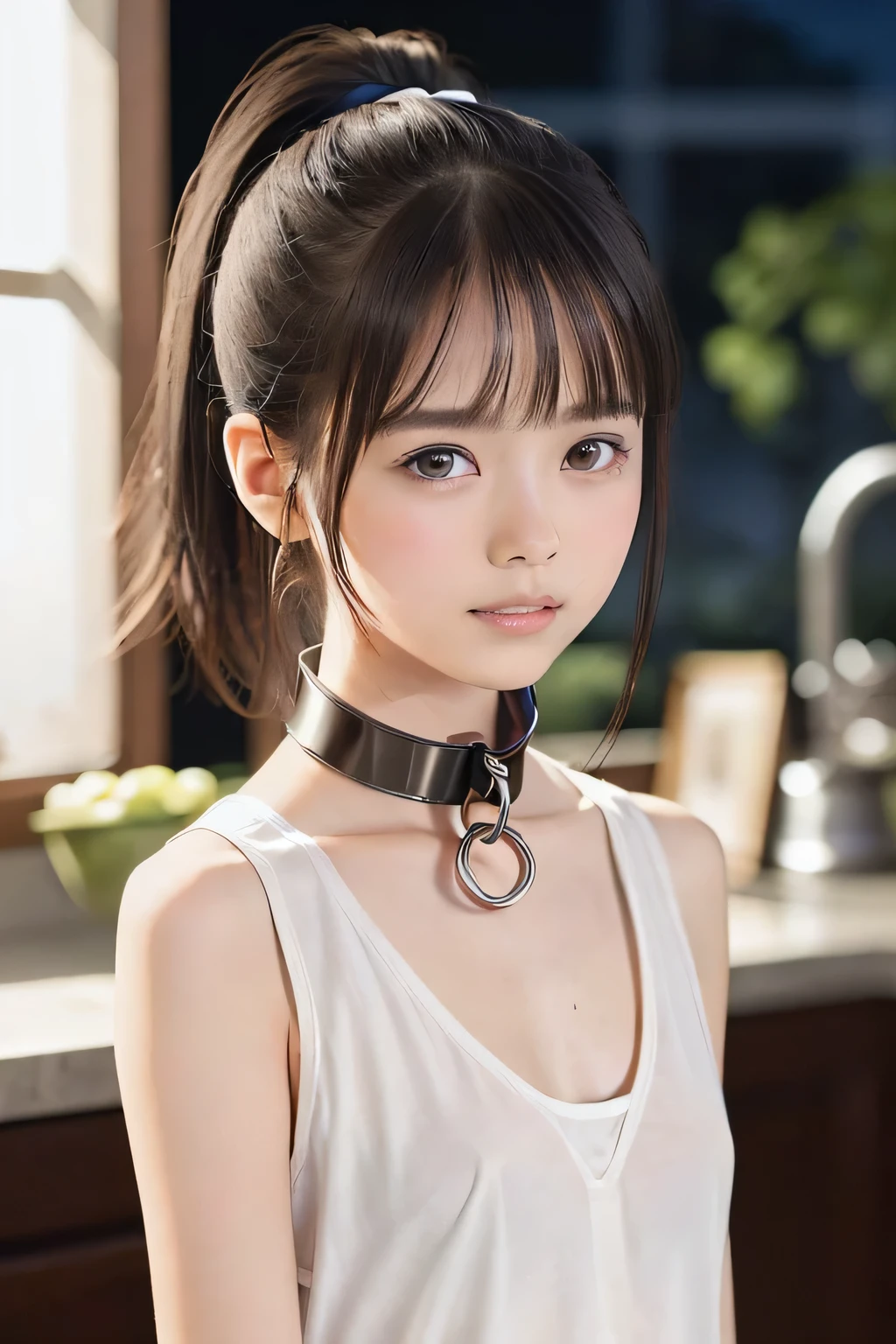 (8k, RAW photo, photorealistic:1.25), (looking at viewer, Messy hair, disheveled wet Hair, wet short ponytail hair, very short hair:1.8), (white headband:1.5), (cleavage, flat chest, covered nipples, white tank top, white running short pants, Track and field wear:1.7), (lip gloss, eyelashes, Shiny surface, Glossy Skin, best quality, ultra highres, allows depth of field, Color Difference , caustics, blow lighting , Natural Shading, kpop idol), (Swollen eyes from crying, leather slave collar:1.2) , (crying, tears, tearing, sadness), (dark background, indoor, a girl is making dinner, dark small kitchen, night view:1.4)
