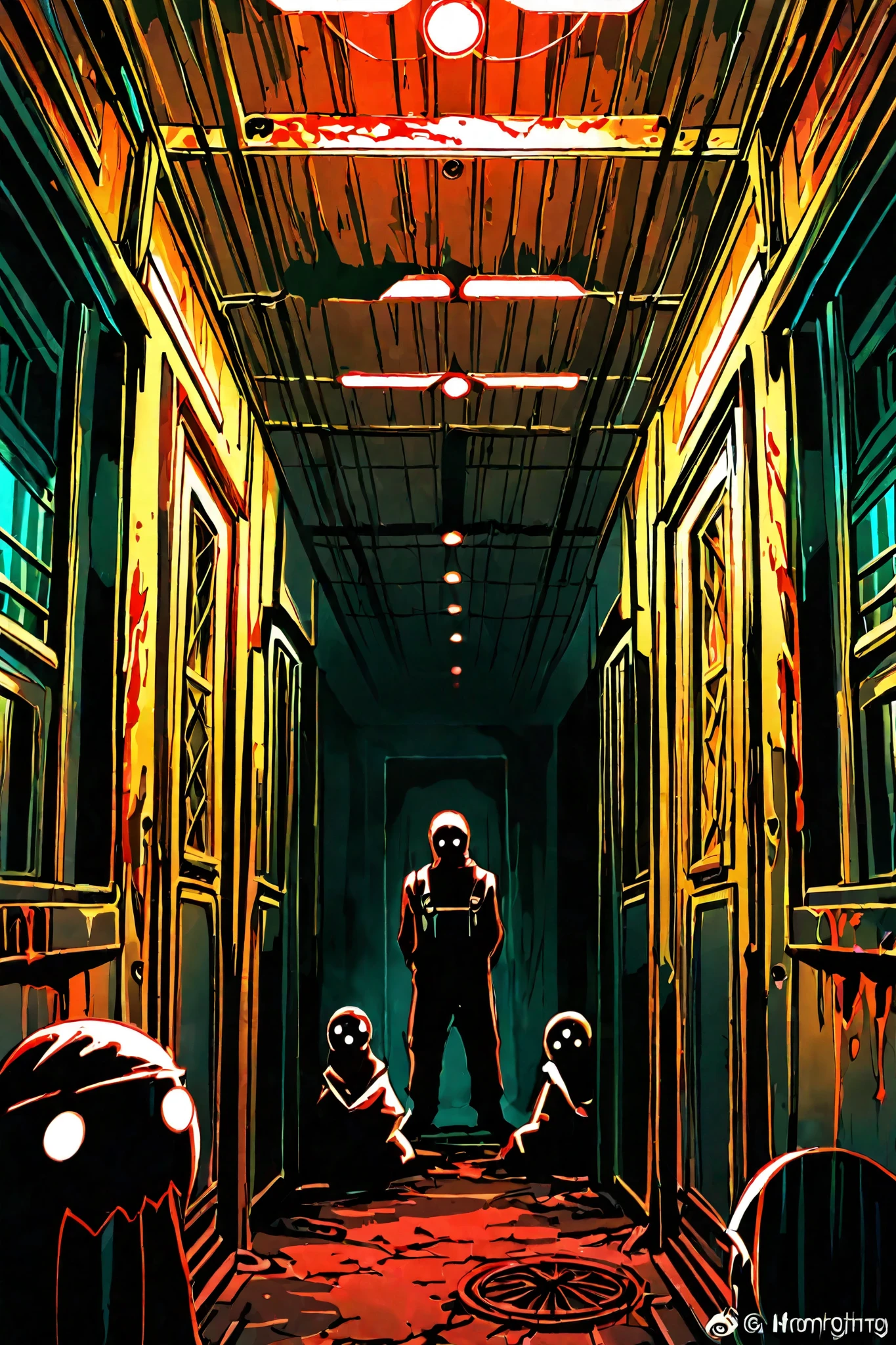 Dead nurse on hospital floor bombarded blood by the walls and dripping down the ceiling, next to the woman's body a dog made of bones devouring her flesh , war, horror, cosmic terror, dark tones, morbid atmosphere, nuclear disaster, dystopia, catastrophe, mysticism, occultism, creepy, nightmare, blood, Apocalypse, Lovecraft, Anime by Kilian Eng