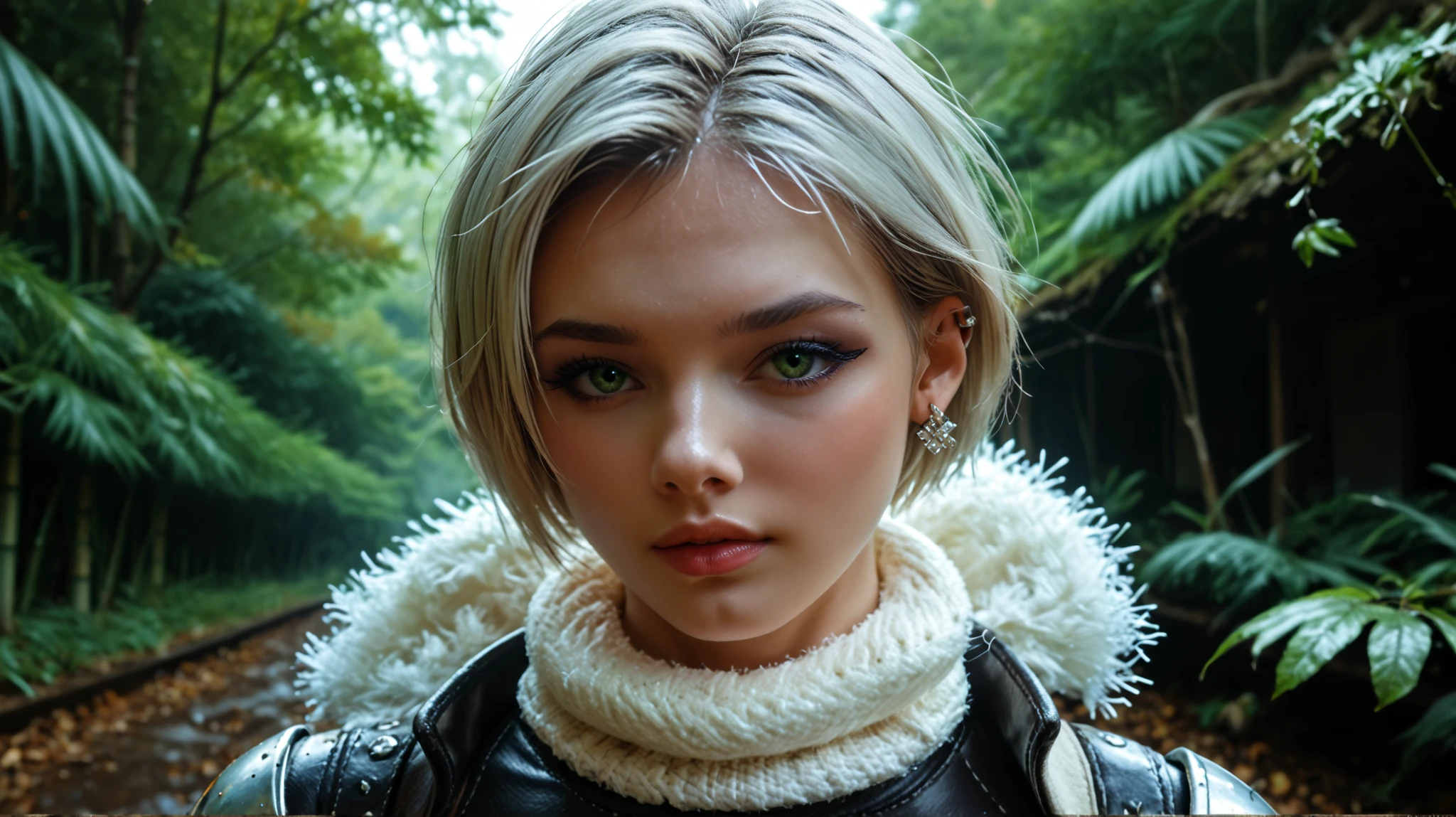 Gwen Tennyson,Yorha 2B,tracer,Jill Valentine,observe,Resident Evil , close-up, bamboo forest, tattoo restraints, without panties, silver steel leather corset , short hair, punk makeup , green eyes, beautiful girl , big Breasts,8 k,ultra detailed, realistic,fantasy art, Steel Armor ,cyborg armor,aviator shape ,pilot uniform,winter scarf , ear piercing , Japanese temple , gothic hand and neck jewelry ,to walk on foot,(Weather:leaves fall ), arc reactor , 1 girl,