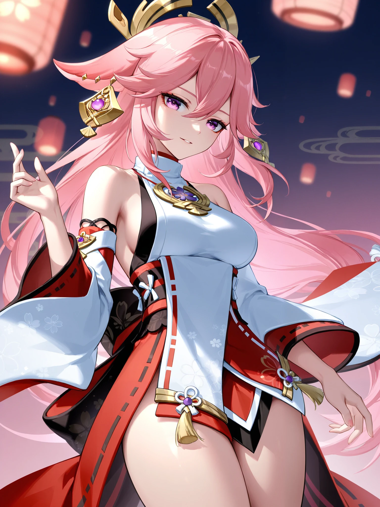 4k, realistic, high detailed, super eyes detailed, 1girl, fashion clothes, luxury clothes, stylish hat, long hair, in the city, pink hair, purple eyes, yae miko, two hands in pockets