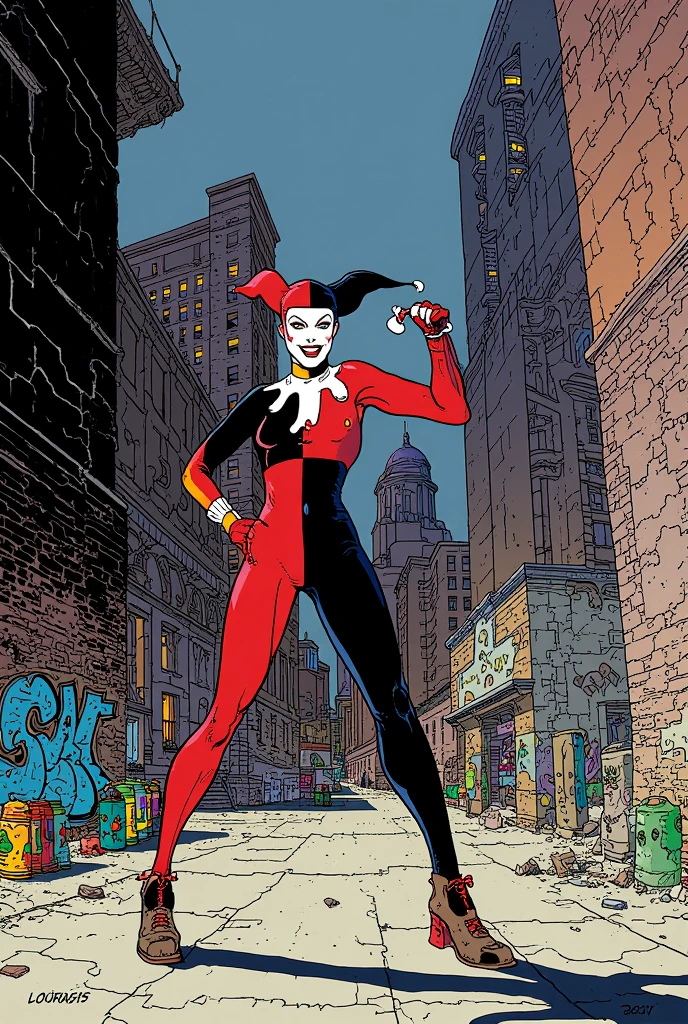 (tmasterpiece，4K resolution，Ultra photo realsisim，The is very detailed），（White sexy villain theme，Glamorous，There was a girl at the top of town，Wearing a Harley-Quinn costume，she is a sexy villain），[（25 age old），leotard（Long gray hair：1.2），Red and Black all over，（eBlue eyes：1.2），（（Harley-Quinn pose），Show power，jump from one building to another），（（sandy urban environment）：0.8）|（view over city，the night，dynamic lights），（moon full））]