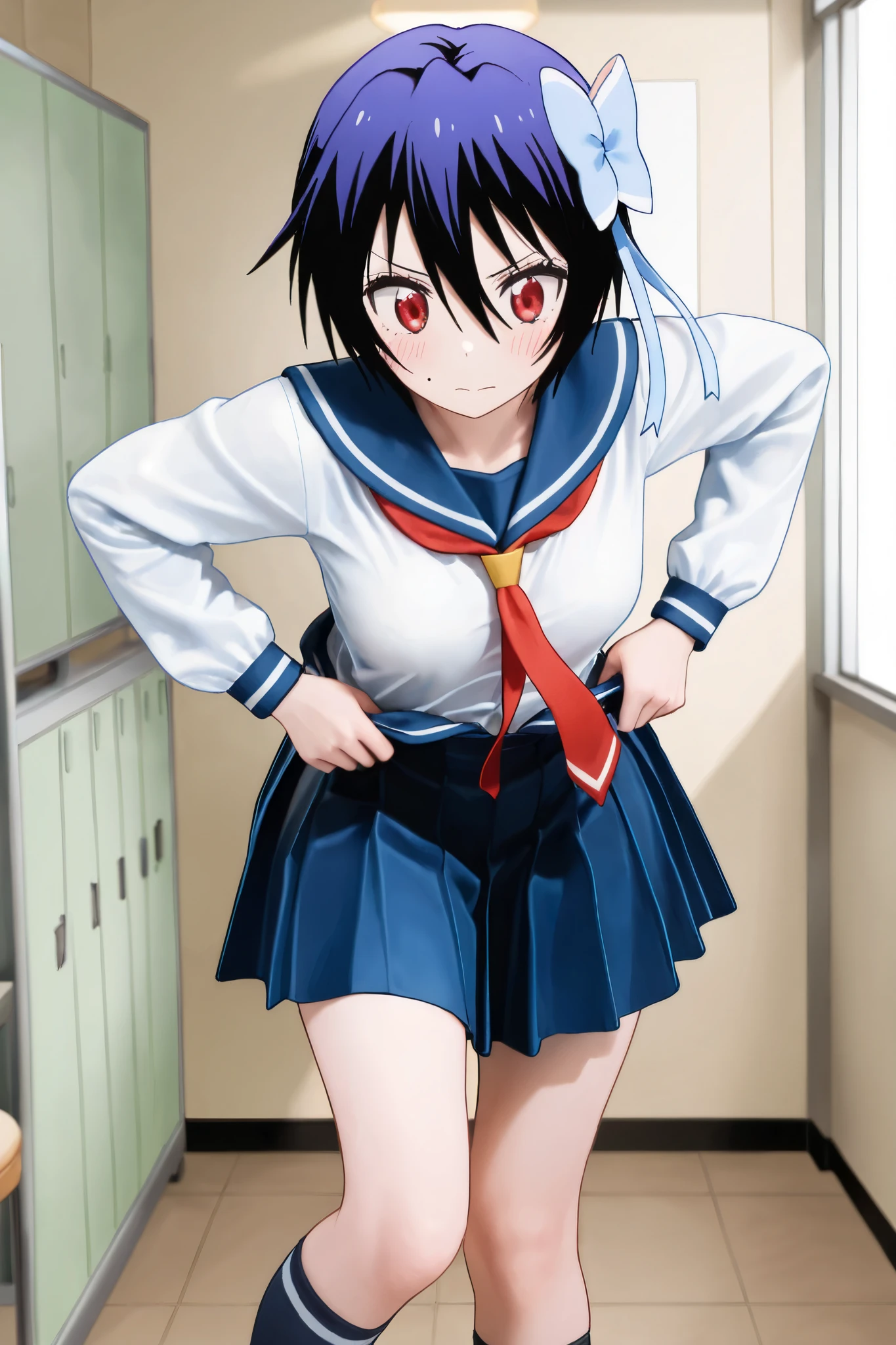 NSFW, Masterpiece, top quality, Hi-Res, very detailed,Seishirou Tsugumi\(Nisekoi\)、 short hair、 red eyes、ribbon、 Lantern、ヘアribbon、 mole、目の下の mole、青いribbon, skirt by humili、 shirt、 knee socks、uniform、clavicle、白い shirt、プリーツ skirt by humili、 tie、 sailor suit、 sailor collar、赤いribbon、青い skirt by humili、青い sailor collar,School, dressing room, is changing clothes ,Half-naked