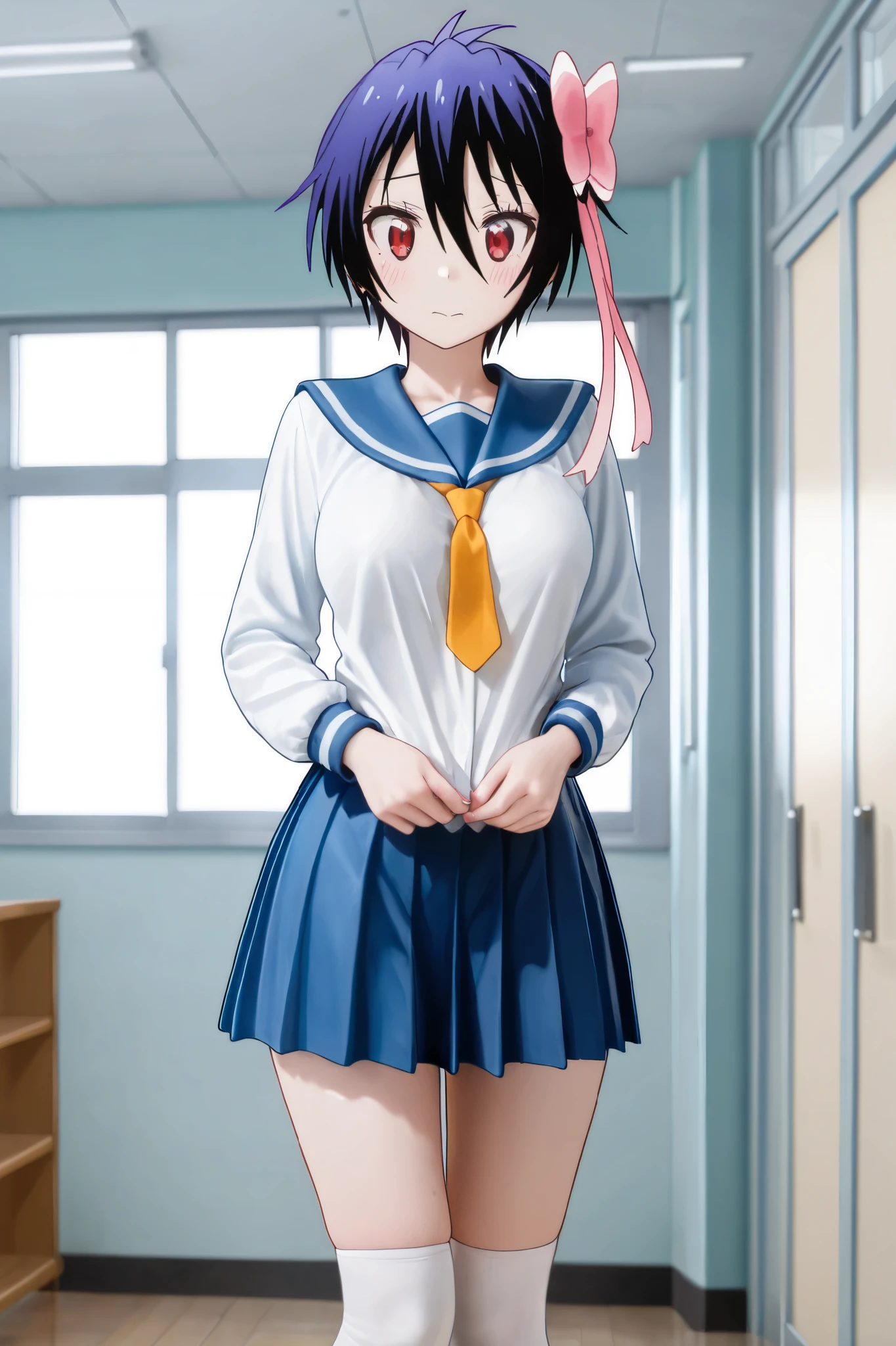 NSFW, Masterpiece, top quality, Hi-Res, very detailed,Seishirou Tsugumi\(Nisekoi\)、 short hair、 red eyes、ribbon、 Lantern、ヘアribbon、 mole、目の下の mole、青いribbon, skirt by humili、 shirt、 knee socks、uniform、clavicle、白い shirt、プリーツ skirt by humili、 tie、 sailor suit、 sailor collar、赤いribbon、青い skirt by humili、青い sailor collar,School, dressing room, is changing clothes ,Half-naked